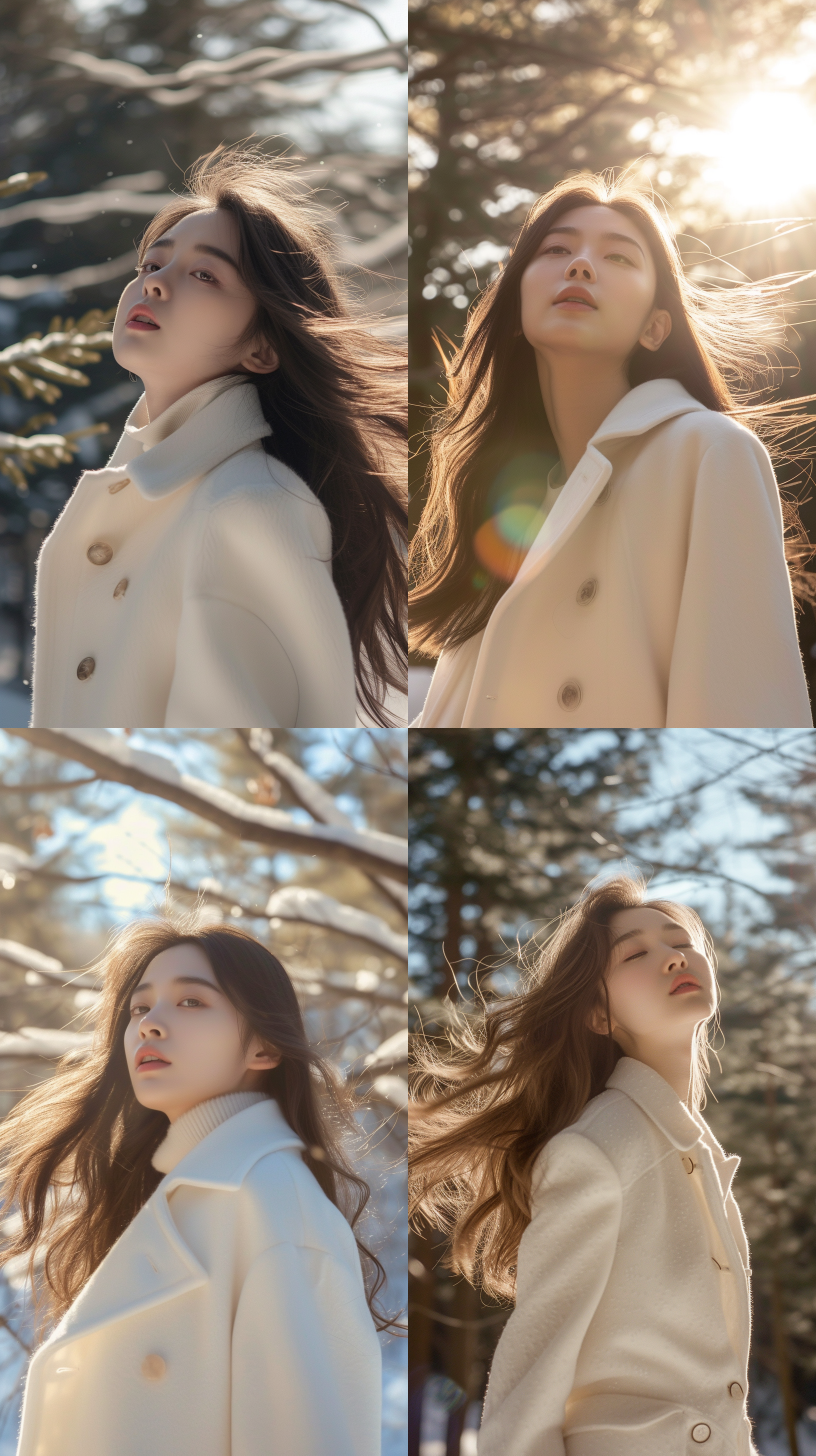 室外拍摄，一月份的落羽杉背景，中国气质美女，穿着白色大衣，甩着柔顺的长发，在摆各种pos，阳光明亮，专业摄影，完美角度，全身照特写，4k,不磨皮