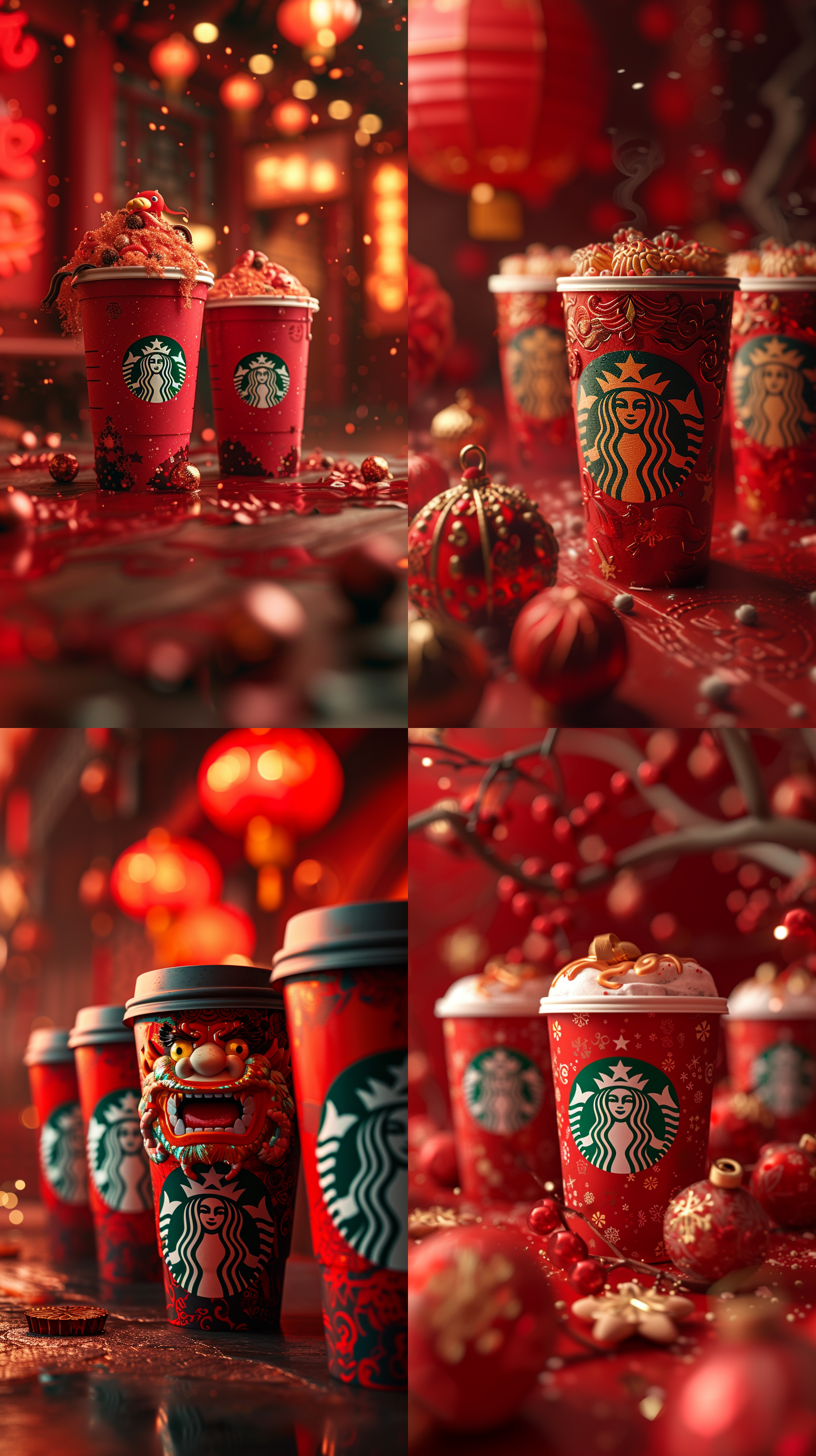 新年氛围，星巴克杯子为主体，年兽从星巴克杯口处探头查看，c4d渲染技术，逼真细节，新年红火背景，广角镜头，突出星巴克杯子，柔和光线，神秘