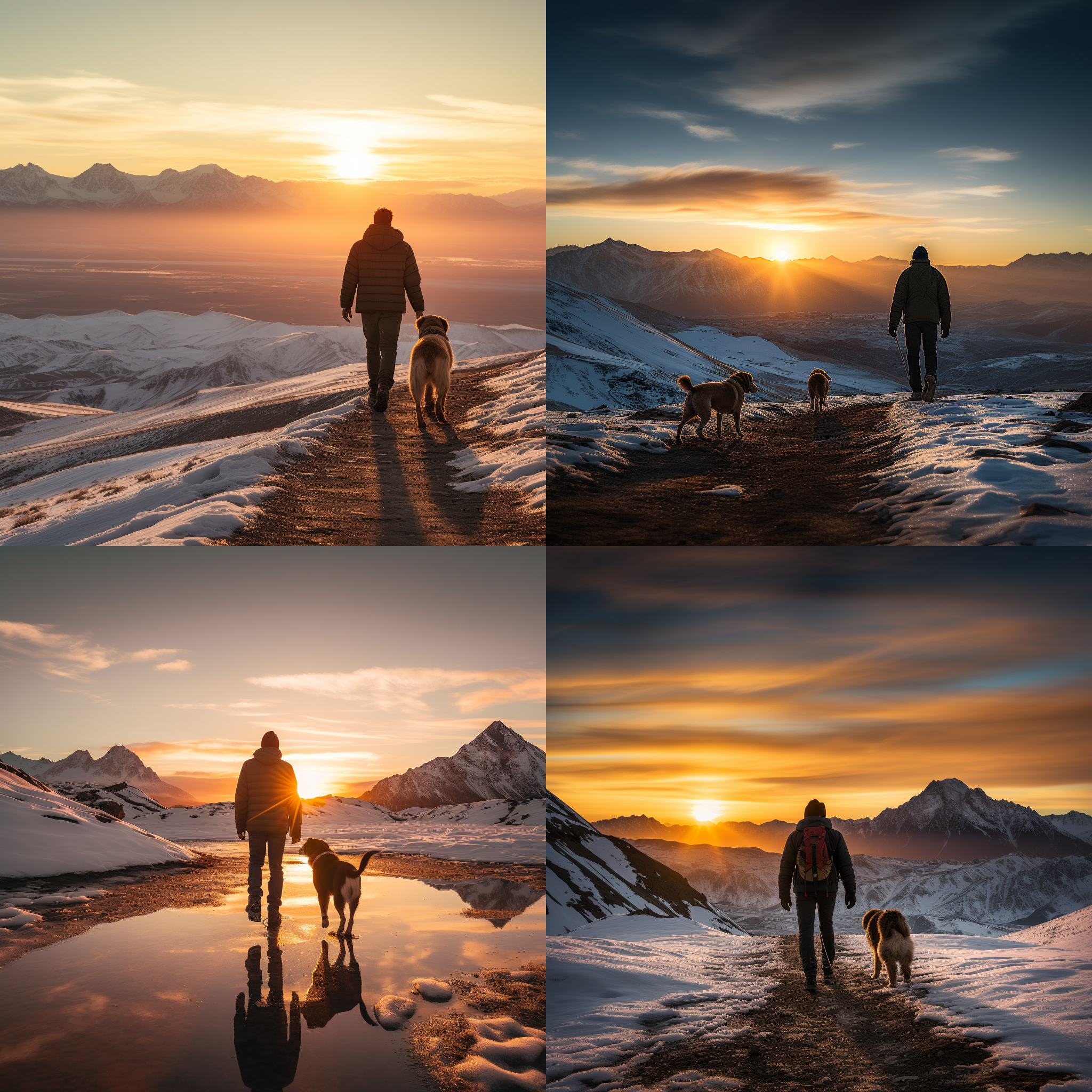 男人带着拉布拉多犬，行走在落日余晖下。男人侧脸注视着狗狗，狗狗似乎立马明白了什么。远处是雪山，山顶上还有未融化的冰雪。再远处是高山连绵。构图对称，暖色调，远景，广角镜头，柔和光线，静态，友善，宁静。