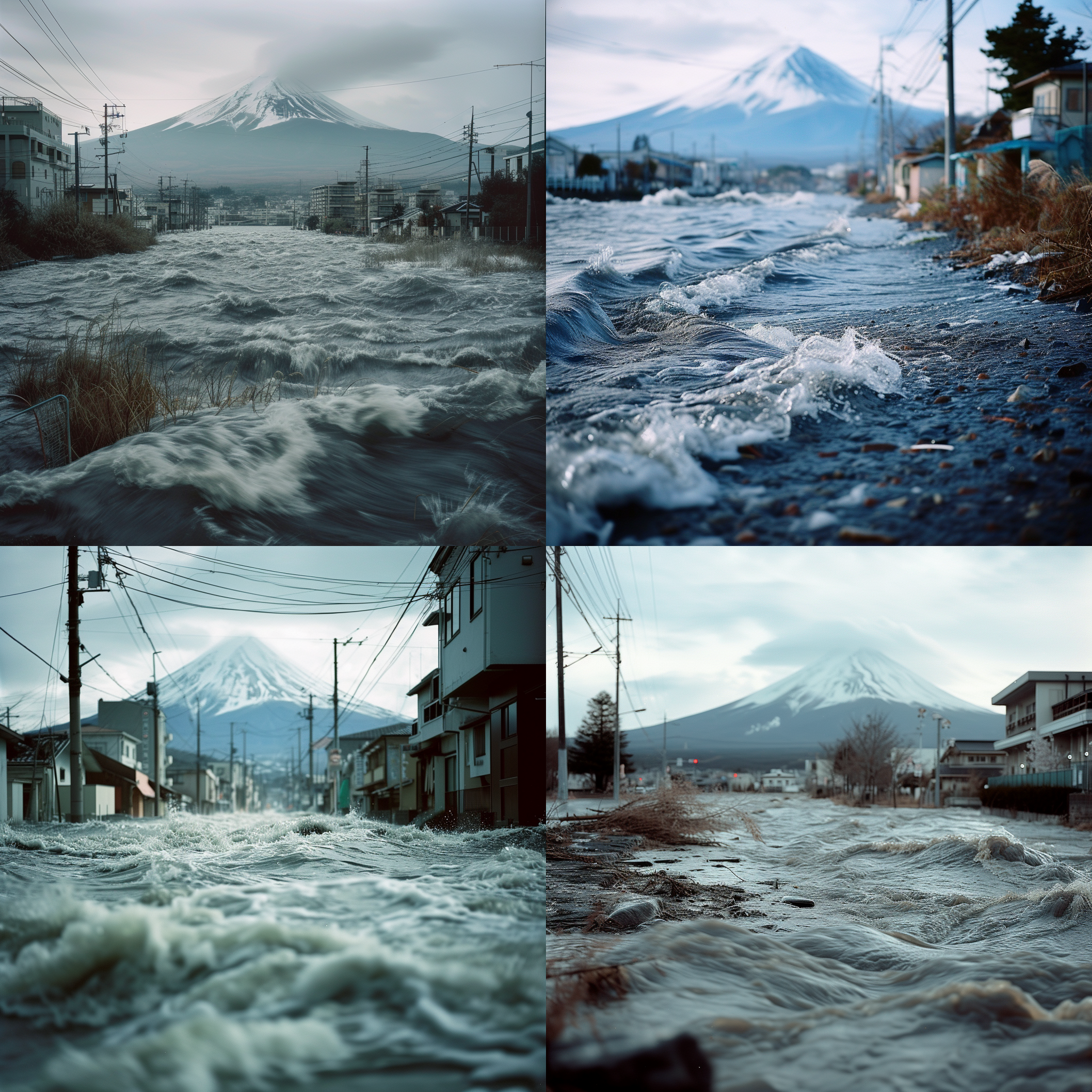 富士山被淹没的城市，海啸覆盖整个画面，大光圈创造出浓烈景深，佳能单反相机捕捉到细节。景色苍凉，色调冷峻，富士山在背景中隐约可见，瞬间的动作和剧烈的水流展现出紧迫感和毁灭力量。