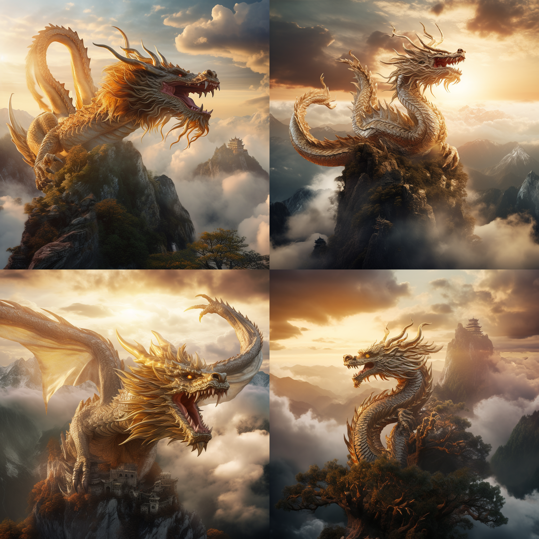 神龙飞腾，居高临下，云雾缭绕，周围山峦起伏。神龙身姿矫健，龙鳞闪烁，眼神凌厉。摄影风格高动态范围，极远景，长焦镜头，逆光，阴影，悬崖边，阳光穿过云层，金色色调，庄严威武，震撼人心。
