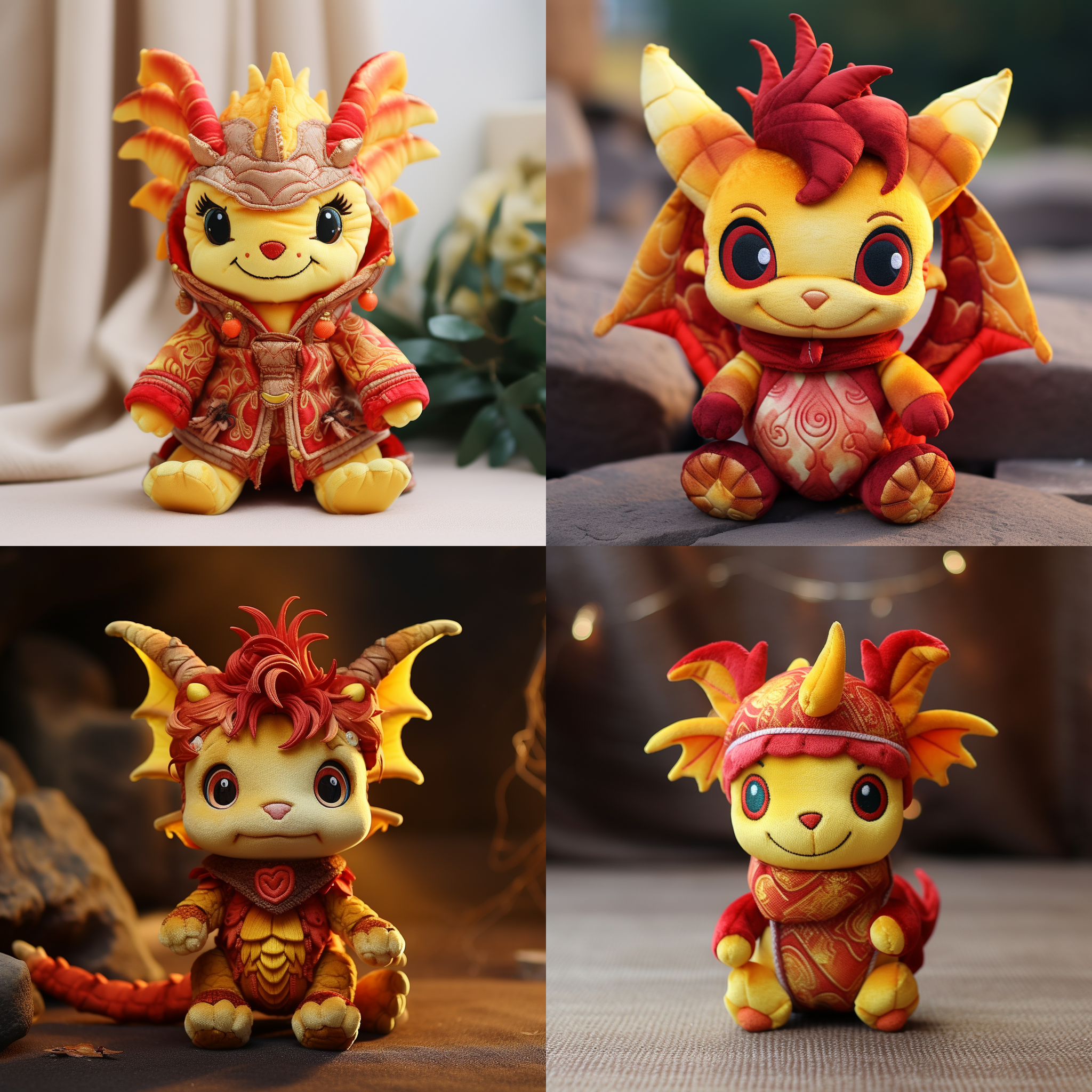 龙年玩偶，卡通可爱， 萌萌的 毛绒玩具， 红色，黄色脸部，龙角头饰 重细节