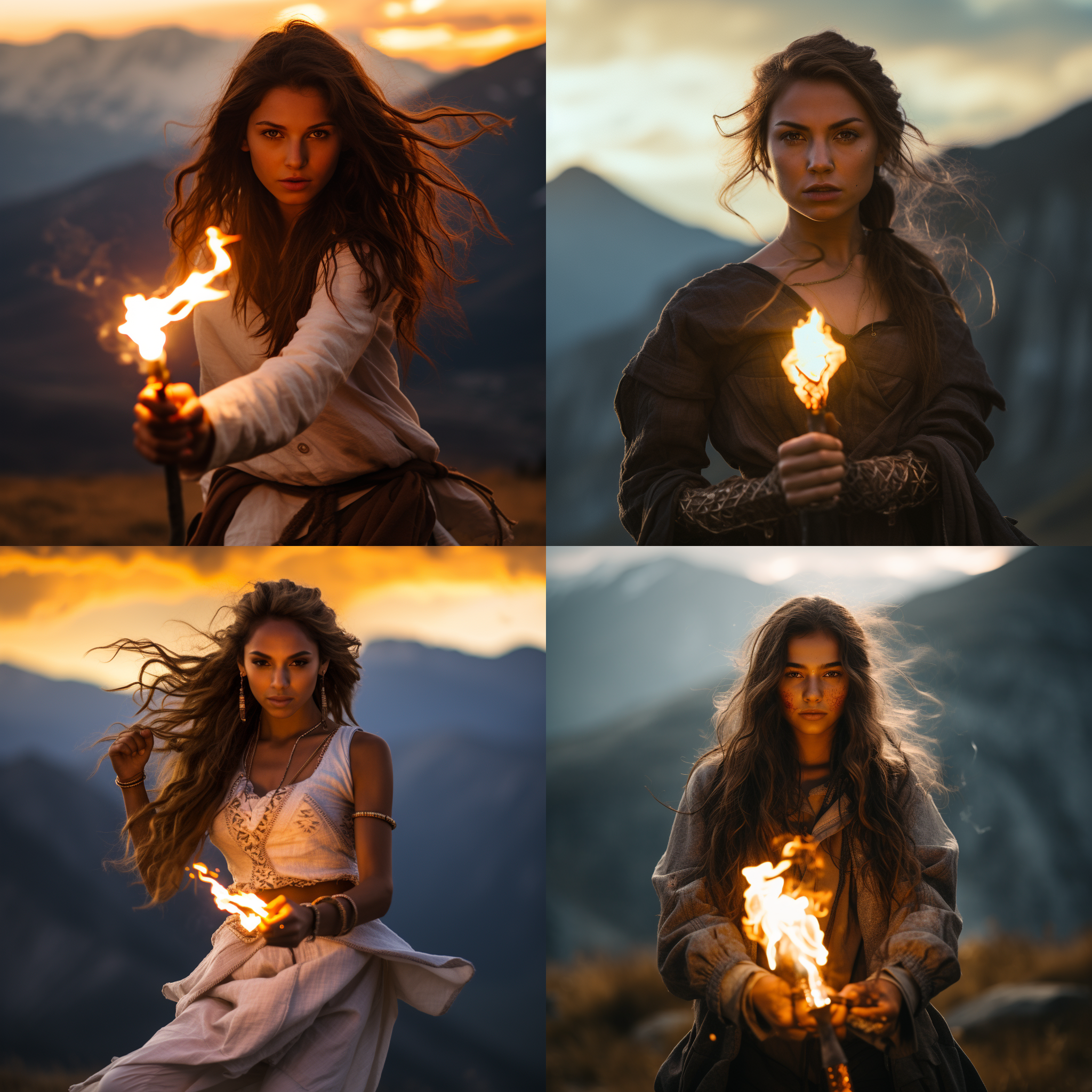 女孩站在大地上，她手持着火把，烈焰在她身边舞动。画面以女孩为中心，背景是广阔的大地和壮丽的山脉。光线柔和，温暖的色调增强了画面的神秘感和力量感。女孩带着坚定的表情，展现出勇敢和决心。大地，女孩，火，山脉，柔和光线，温暖色调，神秘感，力量感，勇敢，决心。