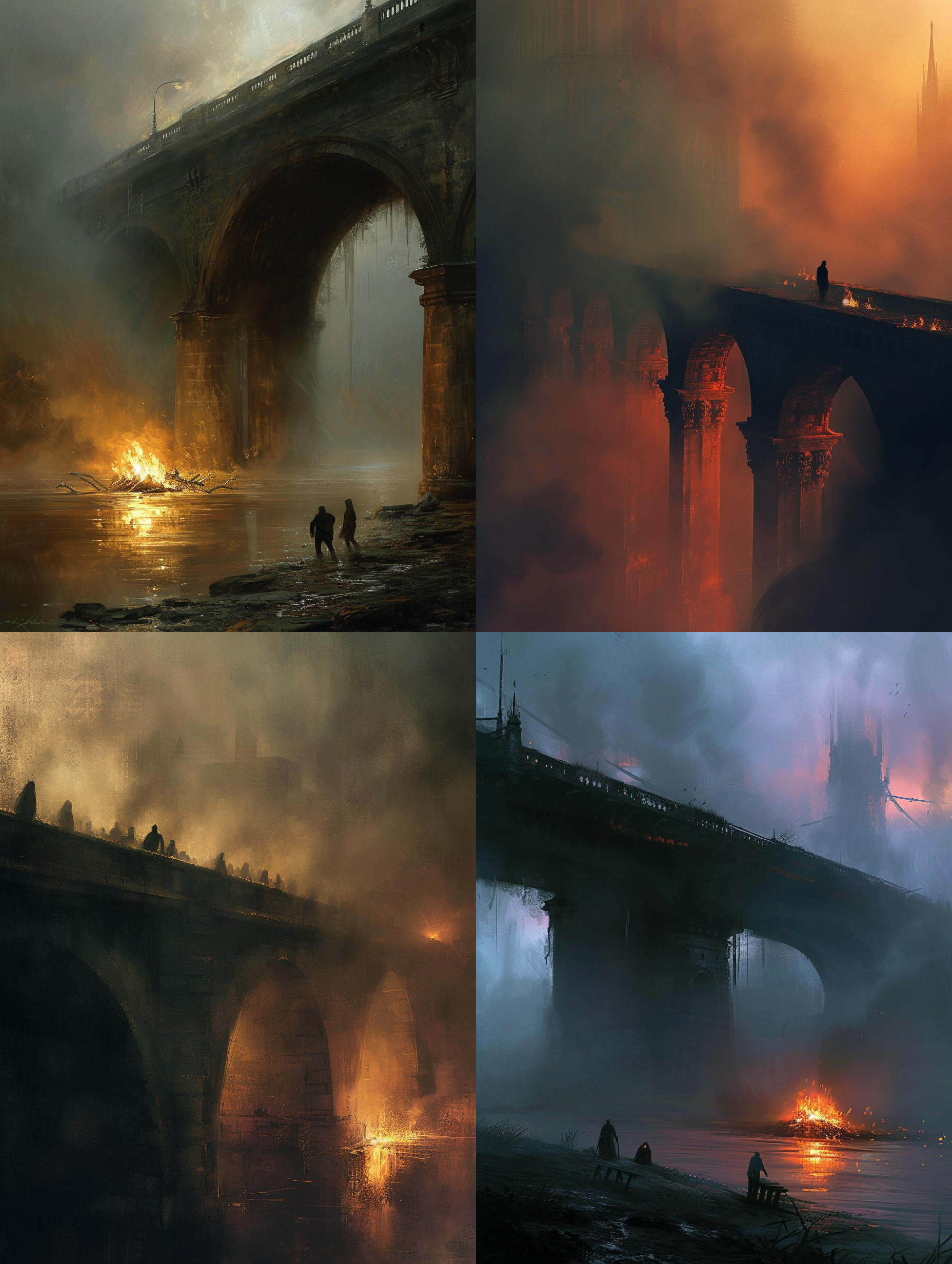 傍晚、薄雾、大桥、立柱、人影、神秘、彷徨、奔跑、篝火、流浪汉、阴暗、暖色。