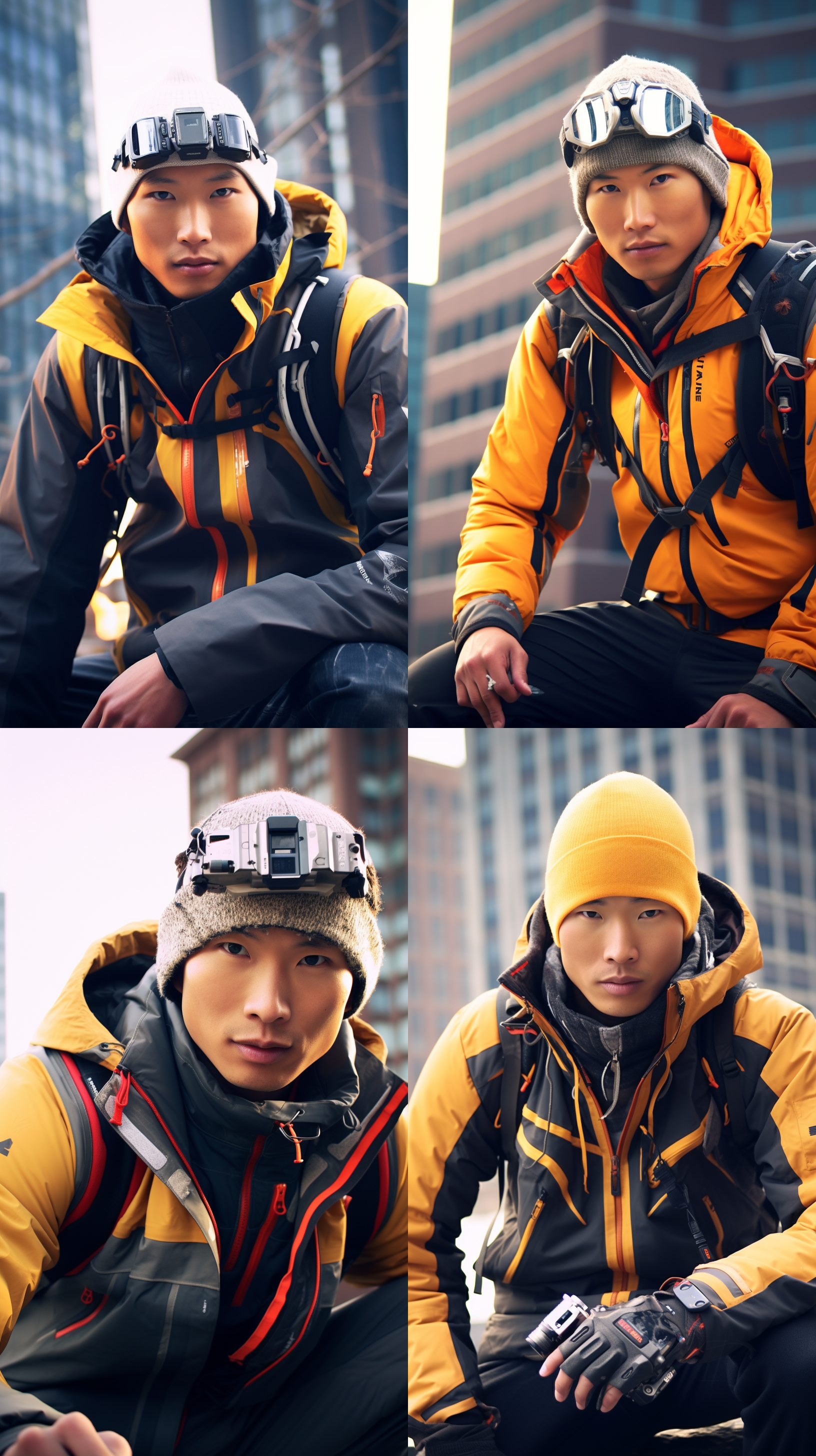 我拿着尼康相机，穿着机器人盔甲。照片以垂直布局为主，背景是未来城市的高楼大厦。使用广角镜头，强调机器人盔甲的细节和相机的重要性。光线明亮，带有柔和的前灯光效果。动作是自信地举起相机，表达创造力和冒险精神。配色以黑色、银色和蓝色为主，传达未来科技感和冷静。