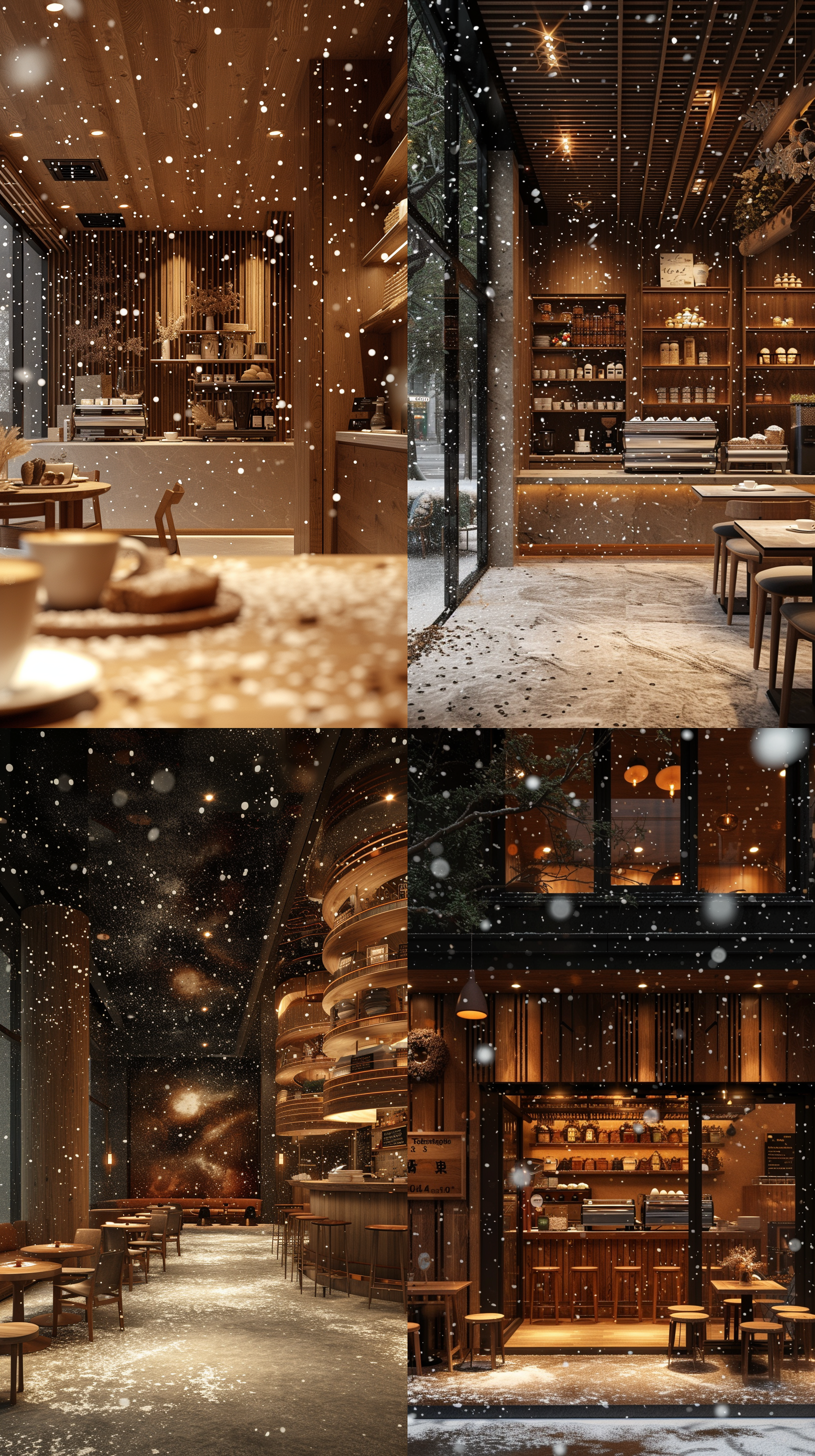 拿铁咖啡，商业街区二楼走廊处，太古里风格建筑，柔光静态场景，广角镜头突出咖啡的优雅美感，逼真细节，c4d渲染，天空飘着雪花，现代摄影风格，轻松，温暖，舒适，浪漫，冬季氛围。