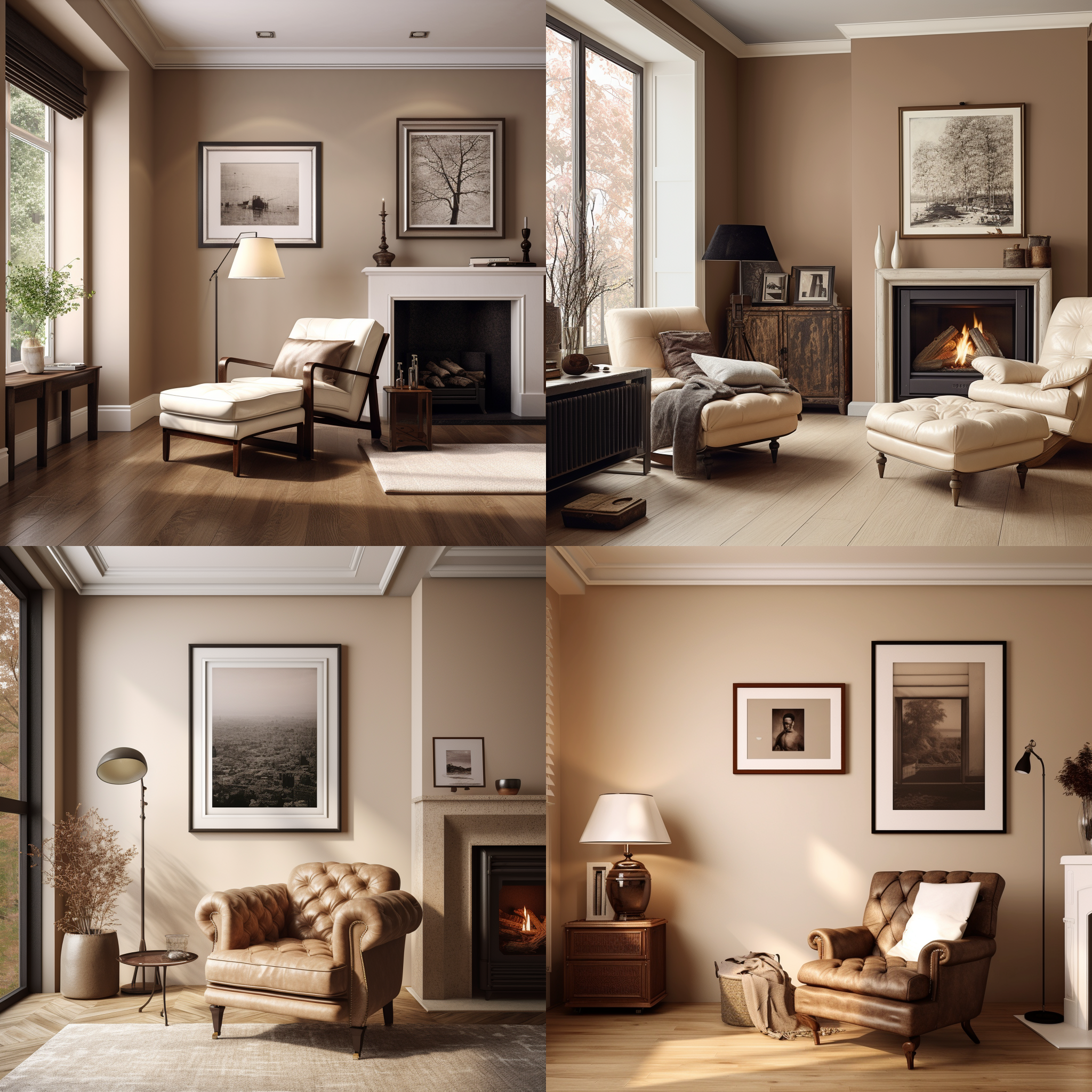 米色墙的客厅，壁炉，白色边框落地窗，深褐色皮质单人椅特写，地毯，木制置物柜，黑色相框，大幅挂画，简约落地灯，木质地板，温暖自然的光，写实，室内环境，静态，细节丰富，温馨，柔和色调，舒适，no沙发。