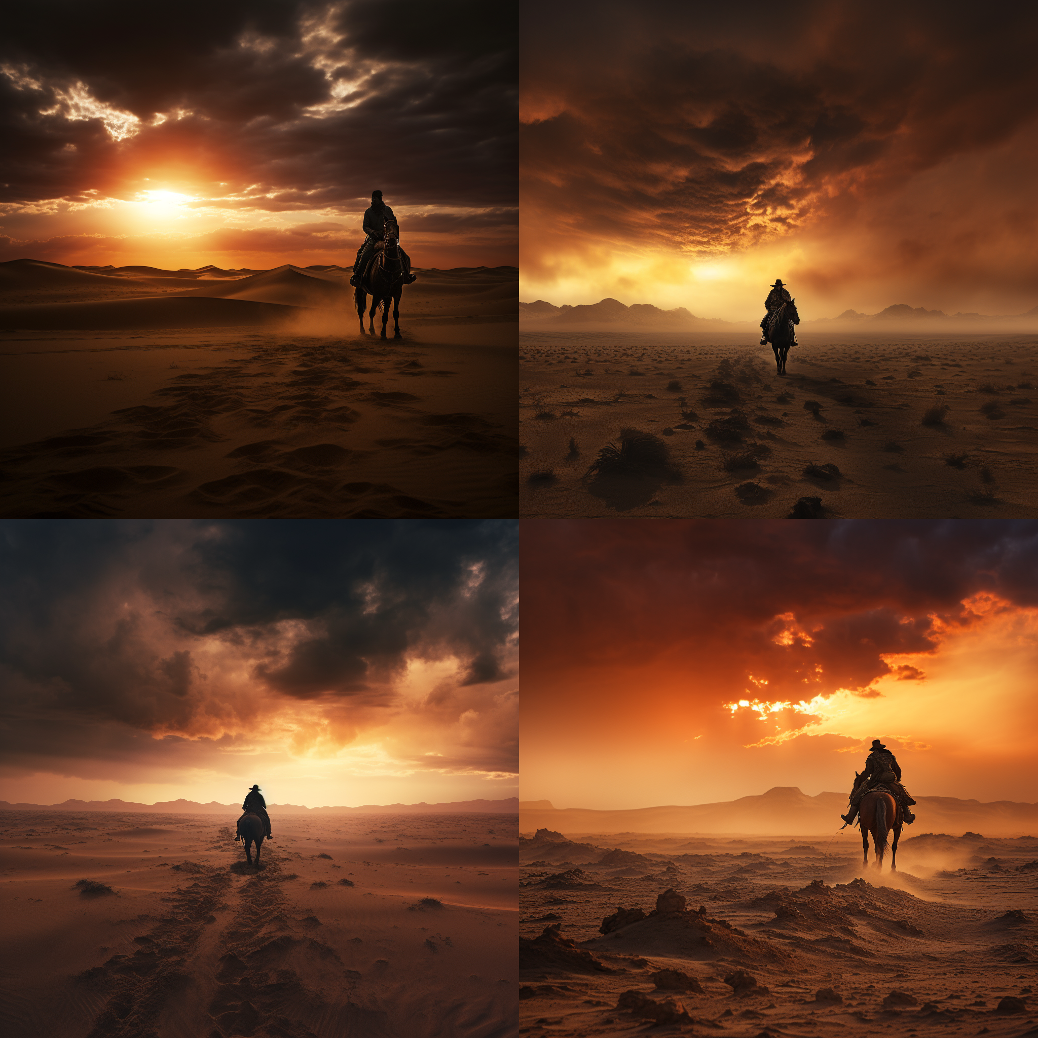 一个人骑马在戈壁滩上，黄昏背景，写实风格，暗色调，高清晰度，孤独感，广角镜头，沙尘暴，迷茫，冒险。