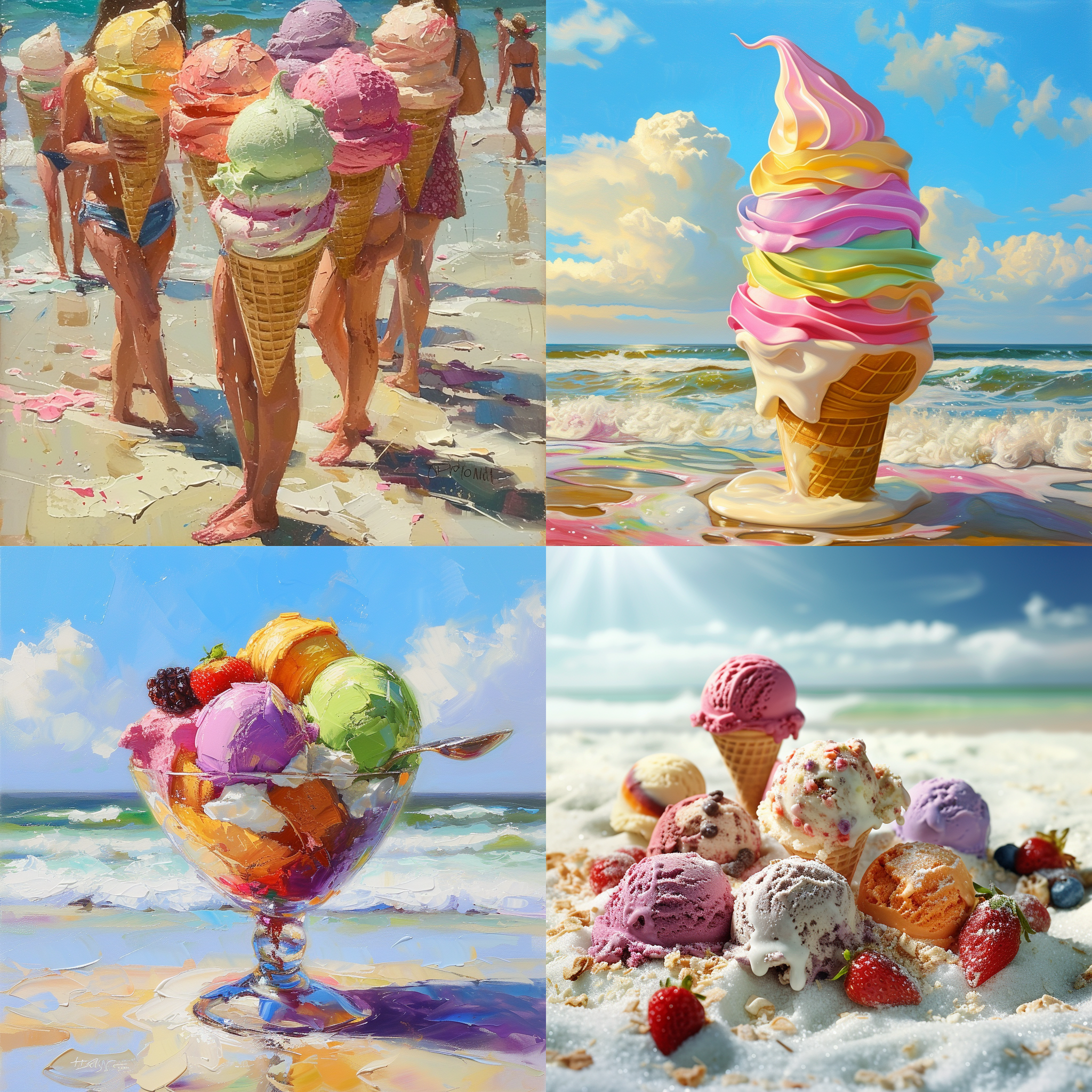 冰淇淋，精致构图，海滩上，明亮色调，柔光，细节丰富，甜蜜，夏日，多种口味，诱人。