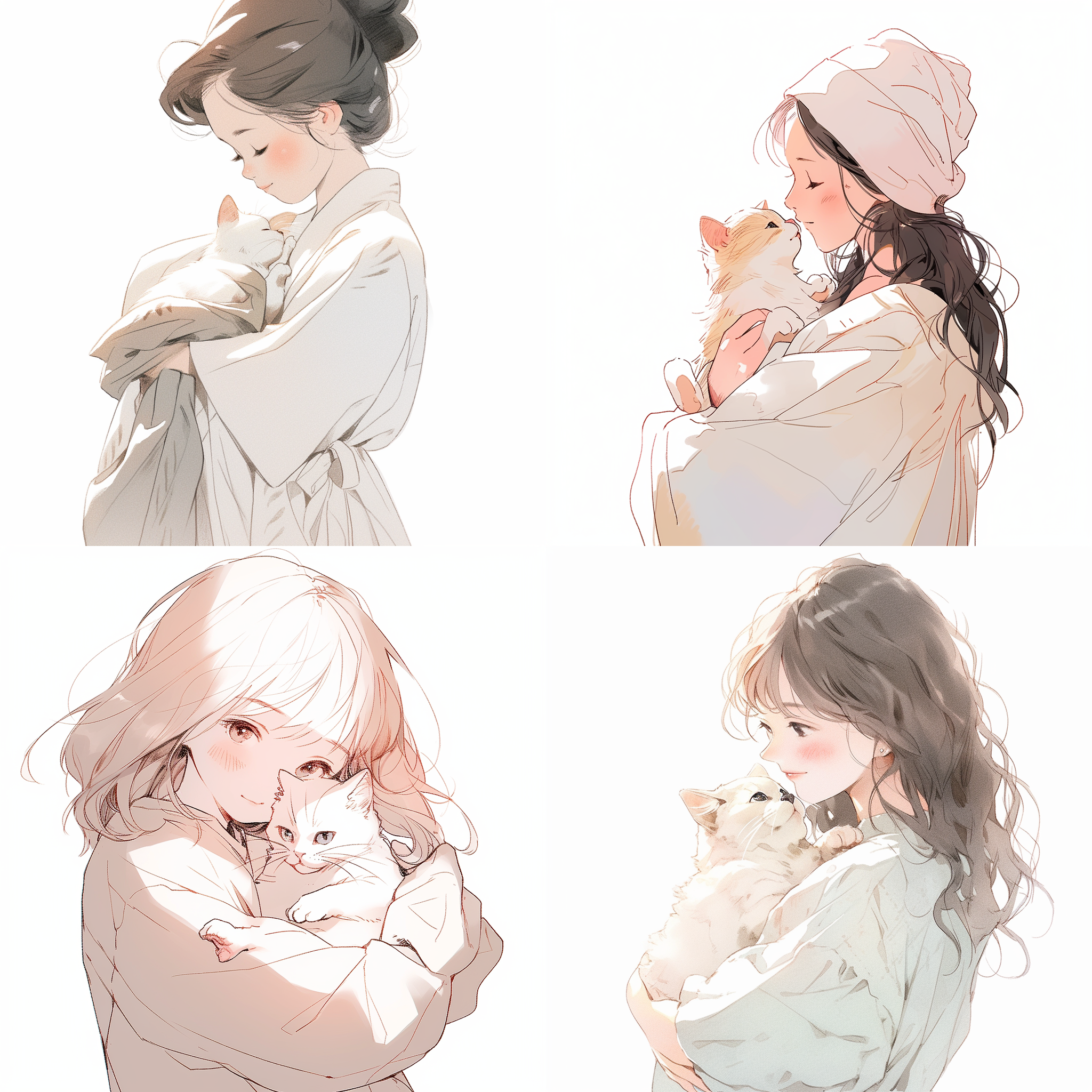 中国女孩抱猫，白色背景，极简主义，线条画，细腻线条，明亮光源，柔和色调，纯真表情，友善互动，温馨感。