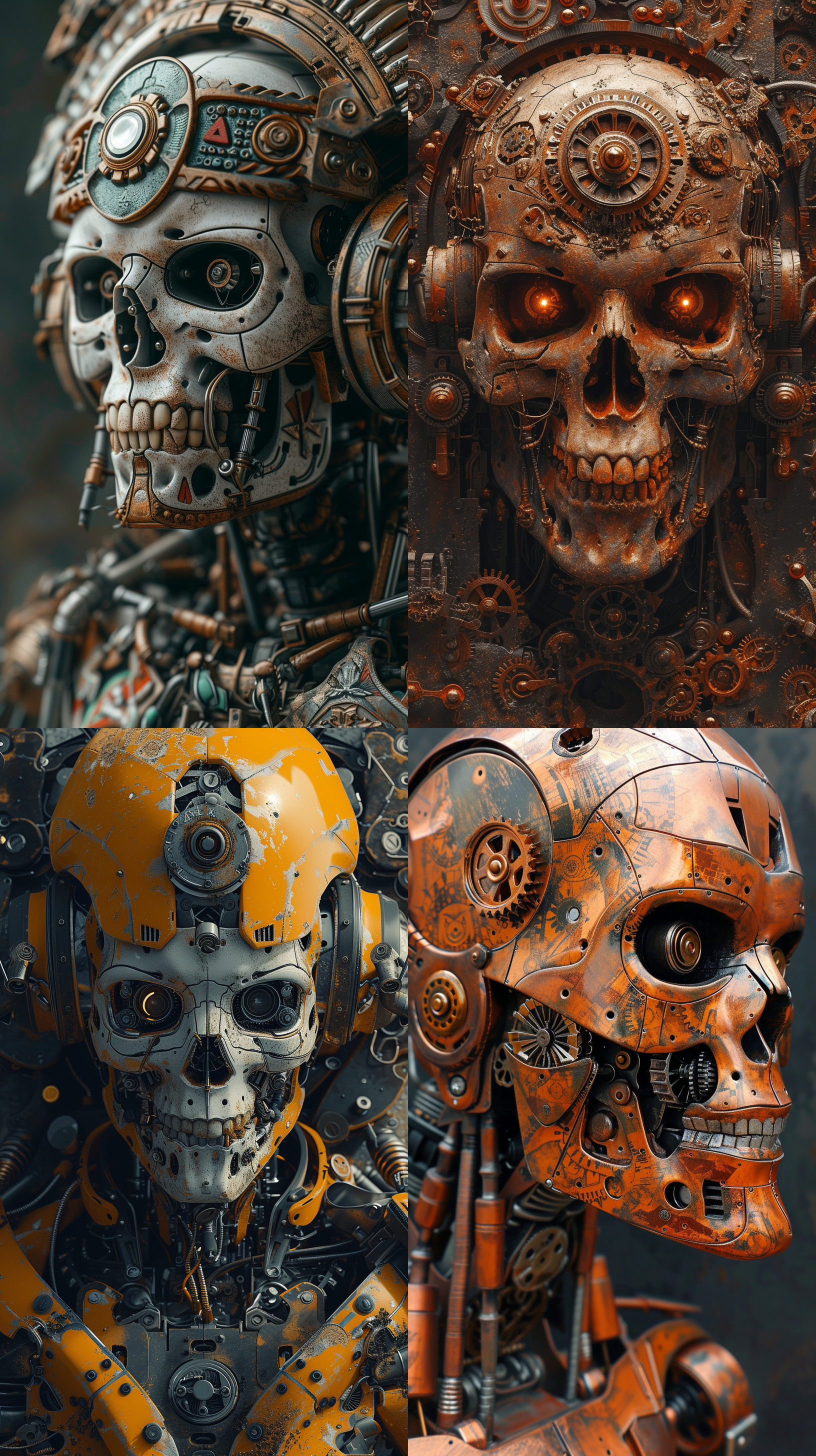一个美丽的机械蒸汽朋克高达机器人的超逼真混合媒介肖像，骷髅人脸，宏伟的肖像，对称的头部，金属齿轮，阿兹特克艺术，后期处理，高度华丽复杂的细节，地平线零之曙光的风格