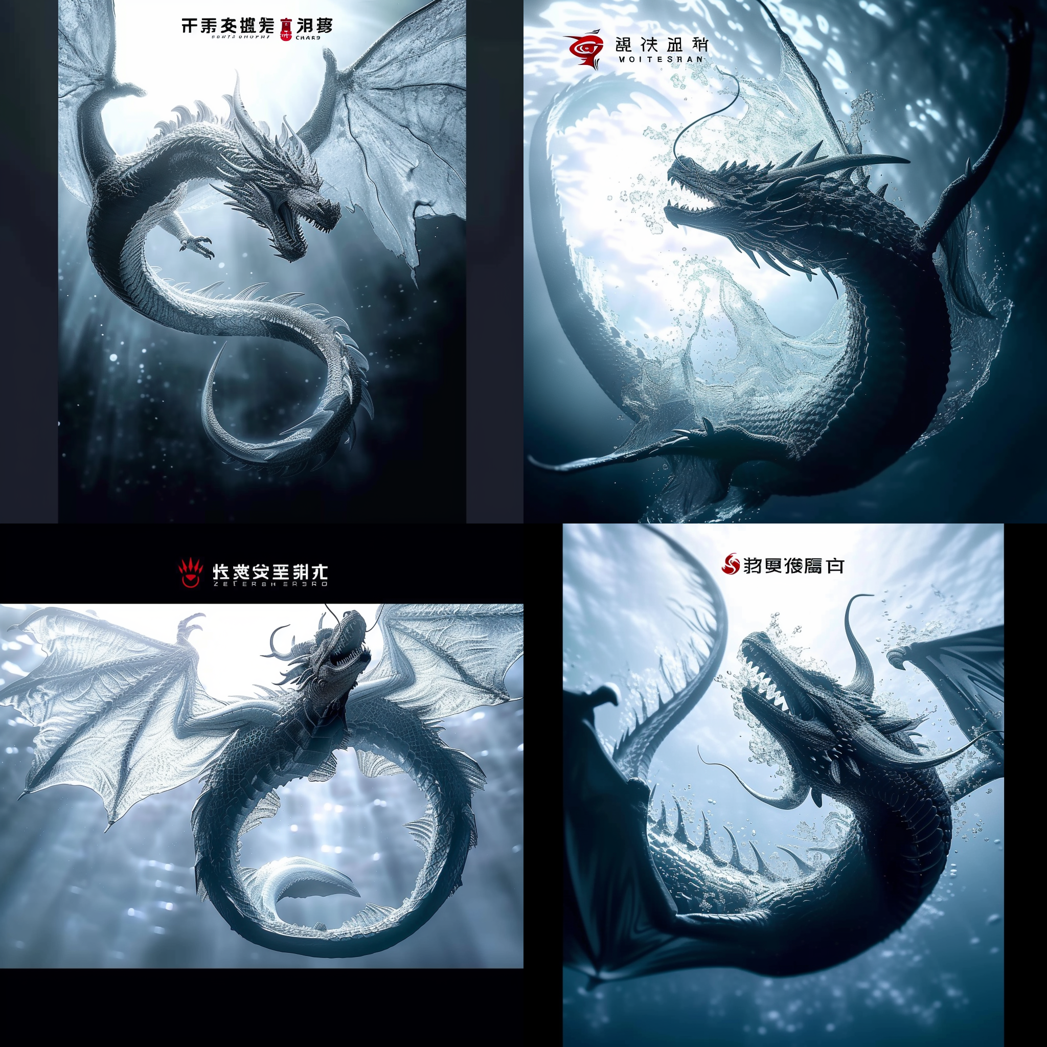 龙身后是鲨鱼尾巴的影子，悬浮在深蓝色的海洋中。构图对称，明暗对比强烈，使用鱼眼镜头，阳光照射下，水面波光粼粼。龙挥动巨大的翅膀，鲨鱼尾巴迅猛掠过，呈现动感与力量感。神秘的蓝色和水中的动态元素增强了戏剧性，令人惊叹和好奇。