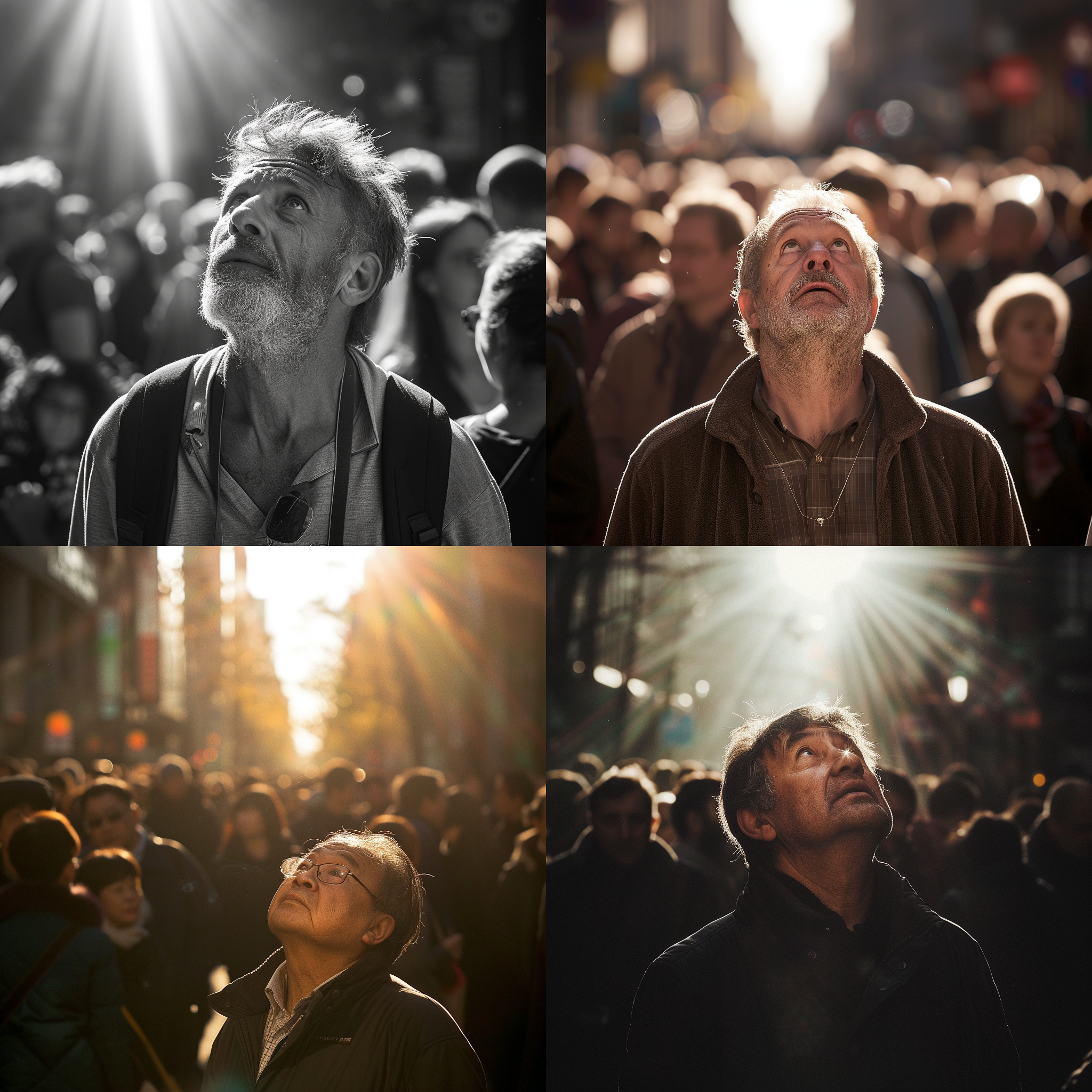 中年男子迷茫地抬头望向远方，阳光刺眼。他站在人海中，大路延展向遥远的地方。构图简洁，明暗对比强烈，使用长焦镜头，突出主题。情绪沉重，色调偏暖，表达着他寻找新工作时的挣扎和不确定。