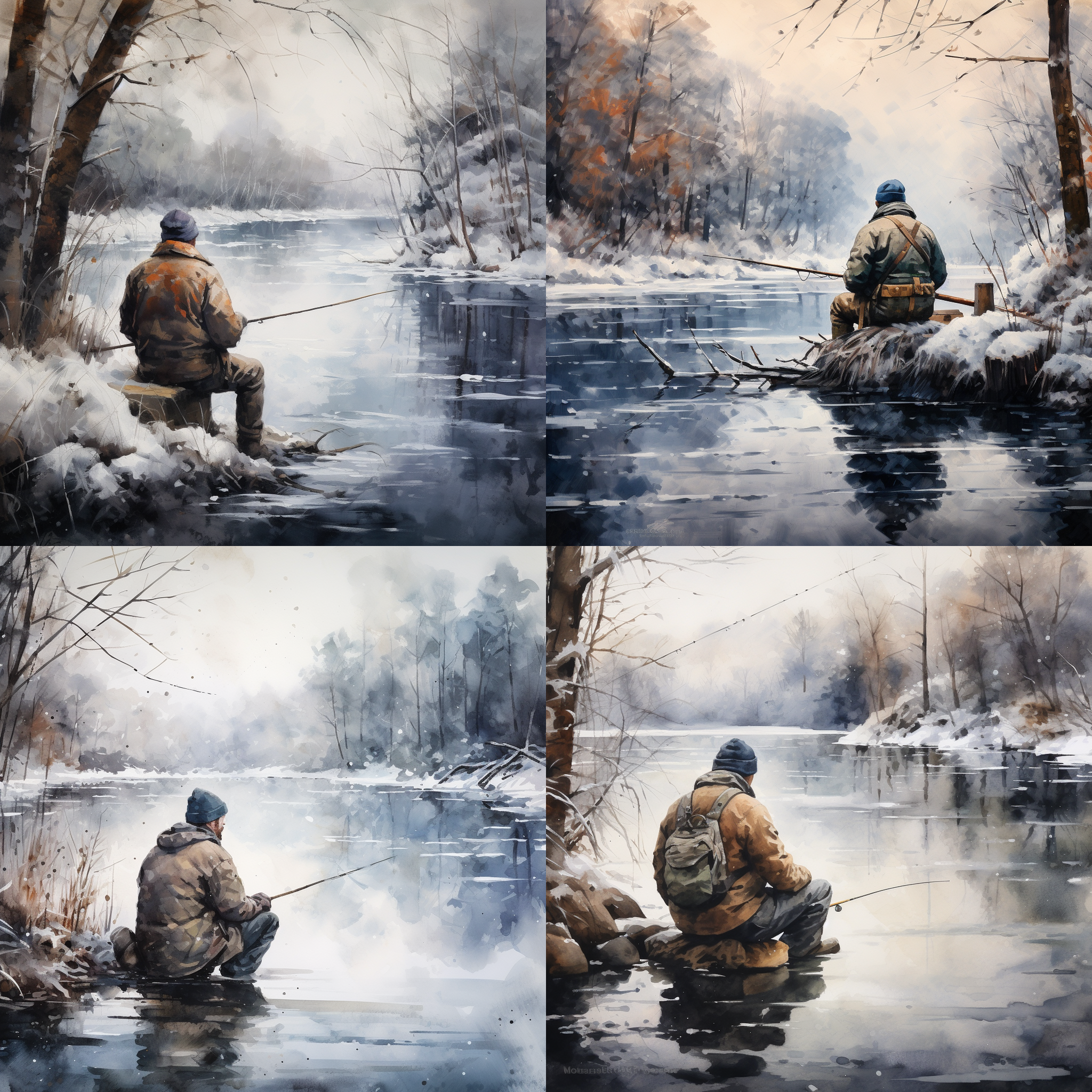 一个息怒不言于色的男人，在一个大雪天，一个人在江边钓鱼，光线柔和，水彩效果，全身照，高清