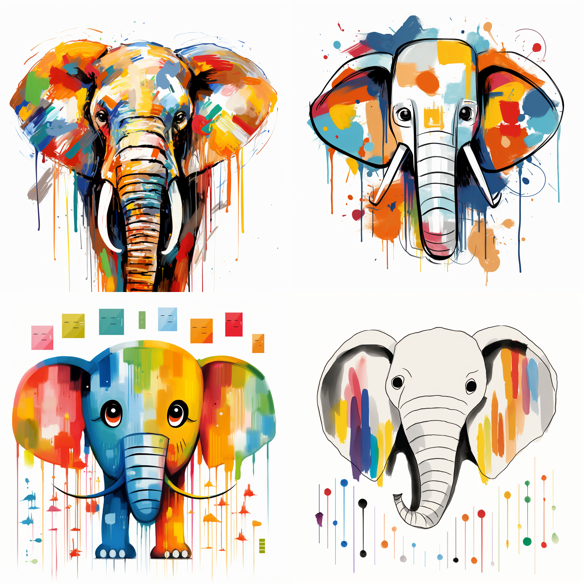 大象，4表情符号，图表，多姿多态，拟人化风格，各种情绪，特写，抽象，极简，大胆笔触，线描，极简主义，wnwnmemo风格，白底，8k。 