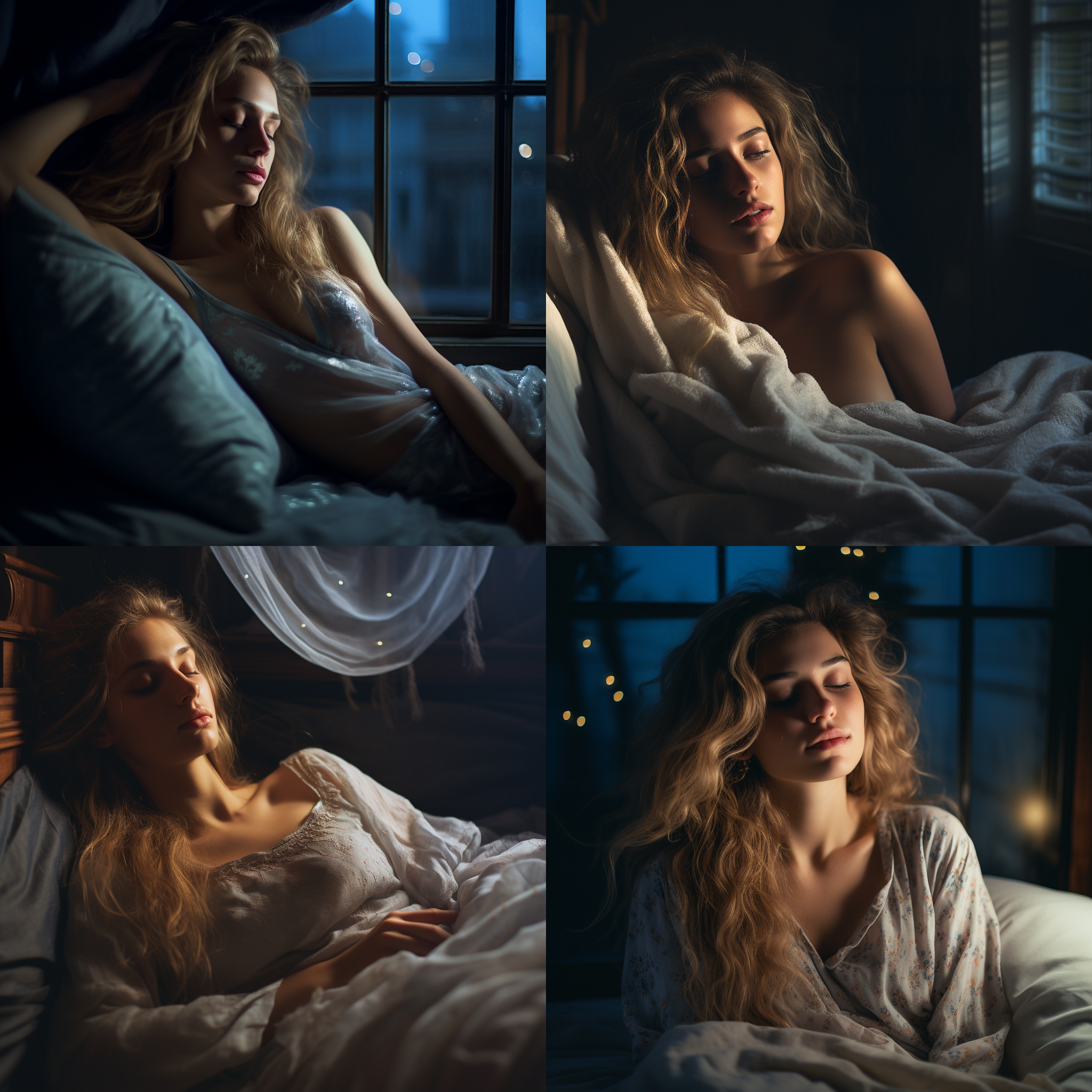 准备进入睡眠状态，柔和的灯光洒在床上，窗外微弱的月光照射进来。画面采用大光圈拍摄，景深浅，突出主体。模特躺在床上，闭上双眼，面带安详的表情。整体色调以冷色调为主，营造出宁静、放松的氛围。