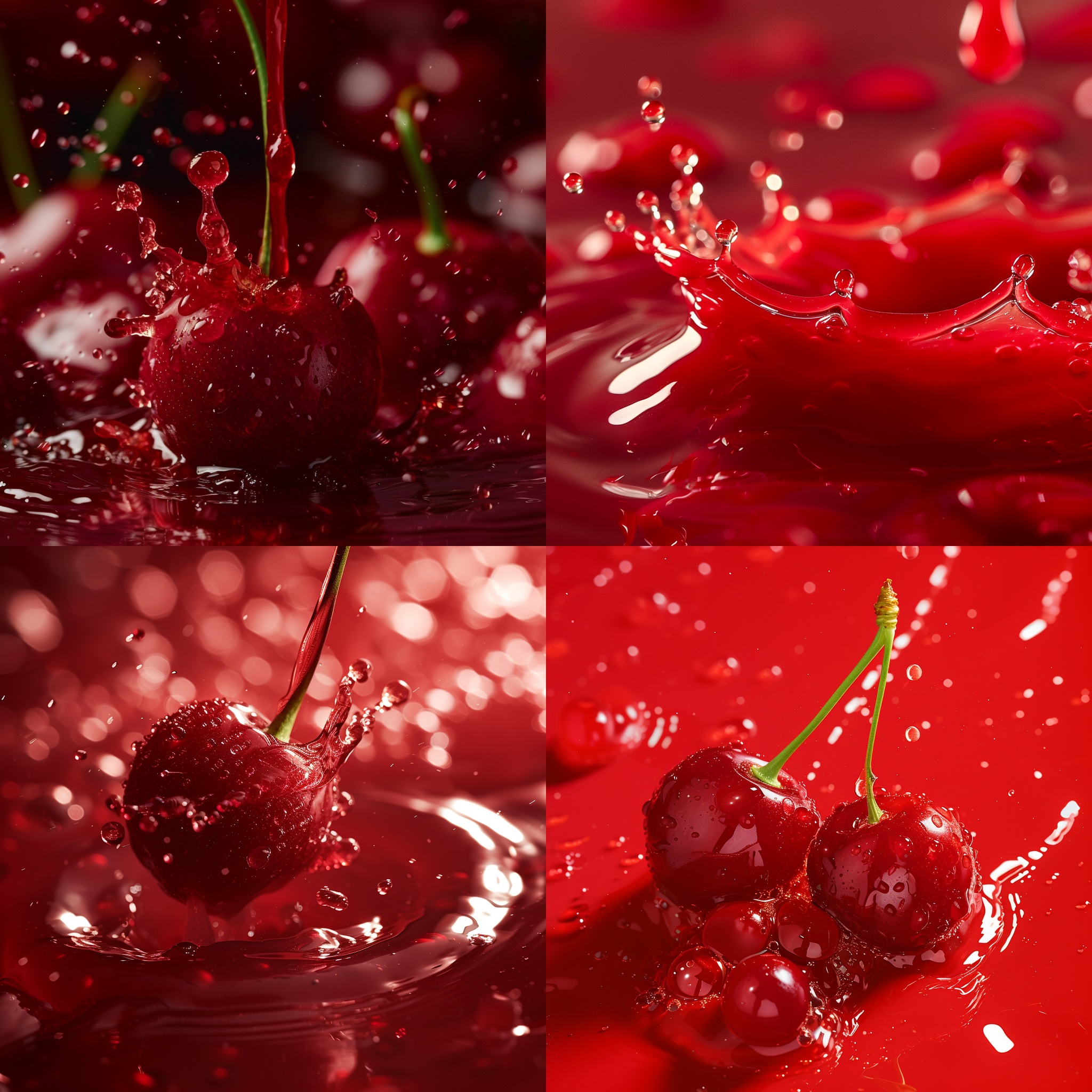 樱桃的红汁，功能强调风格，湿润感，8k-ar 9:16，特写镜头，饱和度高，柔光，滴落动作，鲜艳色彩，诱人。
