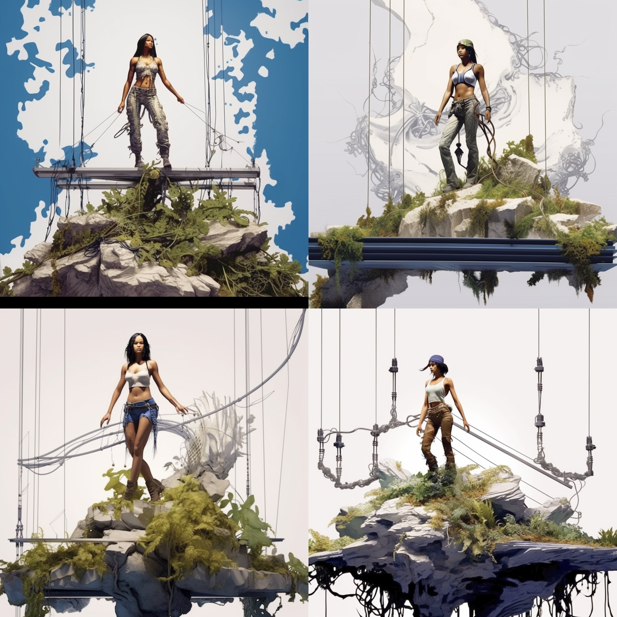 模特站岩石上，绿植散布，流犹如针管笔手绘，马克笔色彩质感，户外环境，广角镜头，明亮逆光，自然动作，和谐。