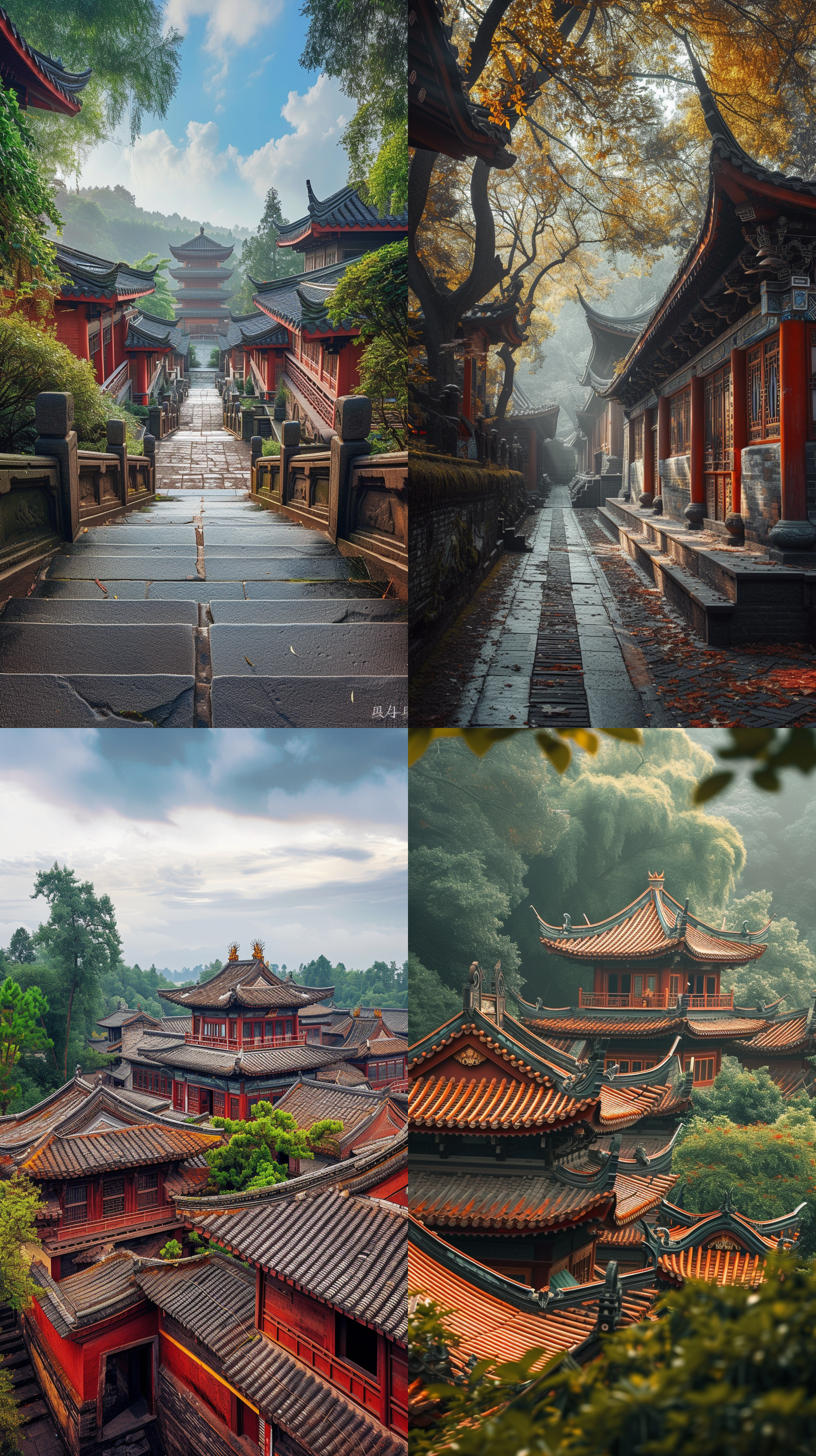 大师摄影作品，杰作。四川阆中古城的超真实高清照片。镜头捕捉到了古城的精细细节和建筑特色。整体构图平衡，透视感强烈。用广角镜头呈现出广袤的古城景观。明亮的自然光线照亮了画面，形成柔和的阴影。古城的红墙黛瓦与绿树融为一体，色彩鲜艳。给人一种宁静、古朴的感觉。