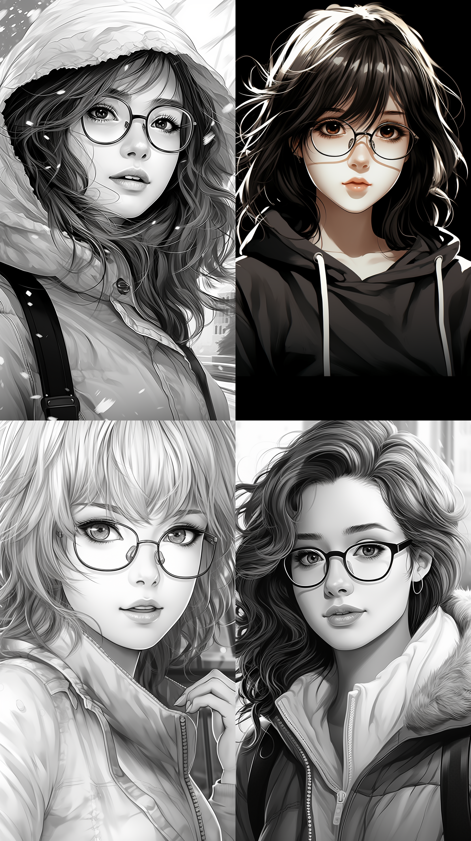 戴眼镜的亚洲女孩微笑着，以丝网印刷风格呈现。她身穿简约的服装，背景是黑白高清模式下的机械化精度线条艺术。这个漫画头像以动漫人物风格为特色，呈现出平面插图般的感觉。
