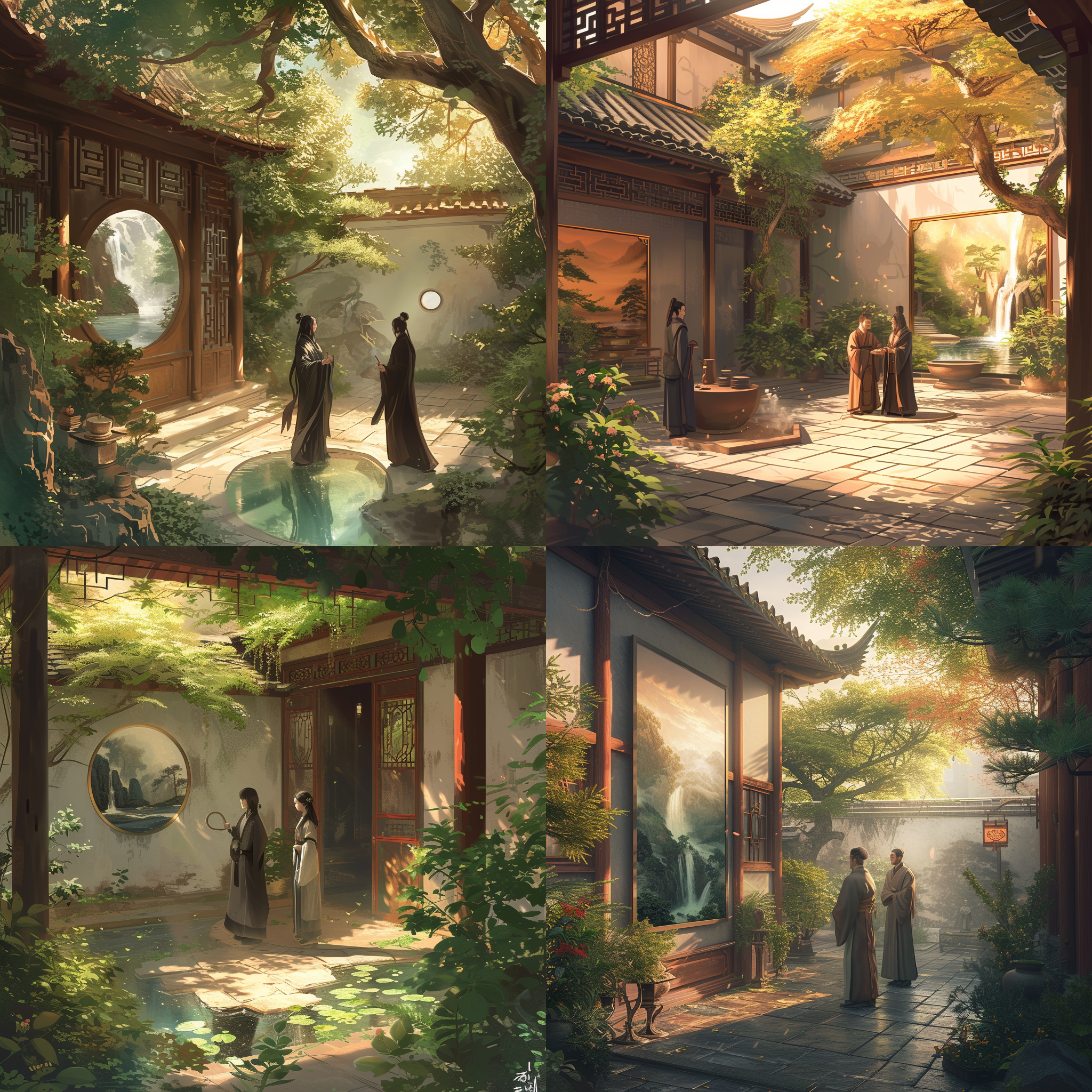 阴阳家，古色古香的庭院，墙上挂着一幅山水画，画中有流水潺潺，松树苍翠。一位阴阳家身穿道袍，手持法器，站在庭院中央，面带微笑。阳光透过树叶洒下，给整个场景增添了一丝神秘感。阴阳家，庭院，山水画，古香古色，道袍，法器，微笑，阳光，神秘。