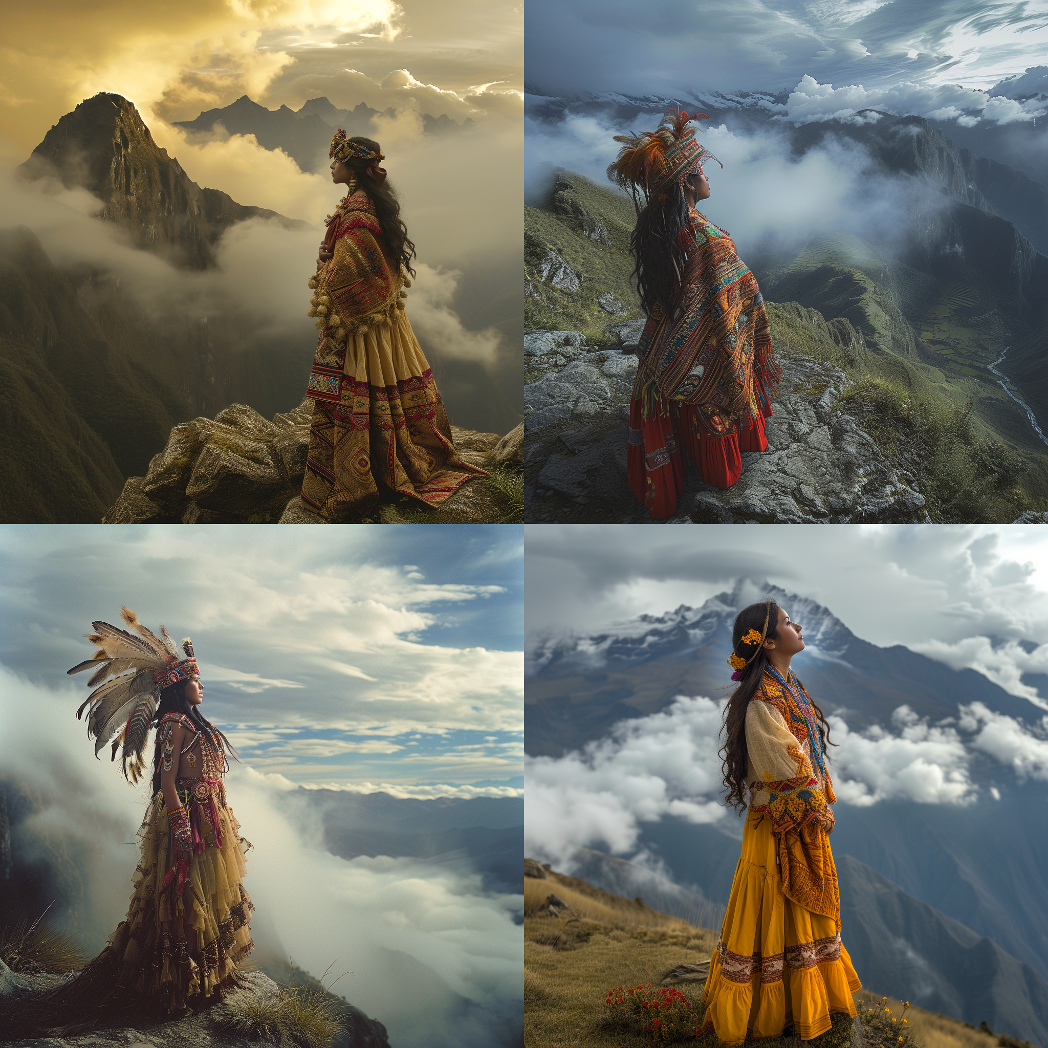 印加王后，仰望天空，站在雄伟的山顶上，身披华丽的传统服饰。远处是壮丽的安第斯山脉，云雾缭绕，给整个画面增添神秘感。镜头使用长焦距，突出王后的雄姿。光线柔和而温暖，照亮她自信而威严的面容。色调以金黄色和土耳其蓝为主，表达着权力、尊贵和宏伟的情感。