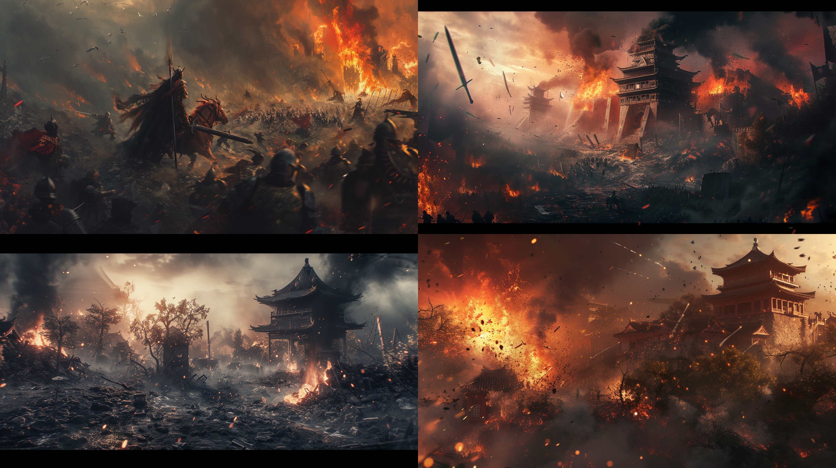 神魔古代战场场景，古建筑坍塌，大地震裂，气势恢宏，硝烟四起，刀光剑影，满目疮痍，火光，冷光，暗黑风格，多细节，画面内容丰富，树，人，魔，兽，花，古剑，8k，渲染