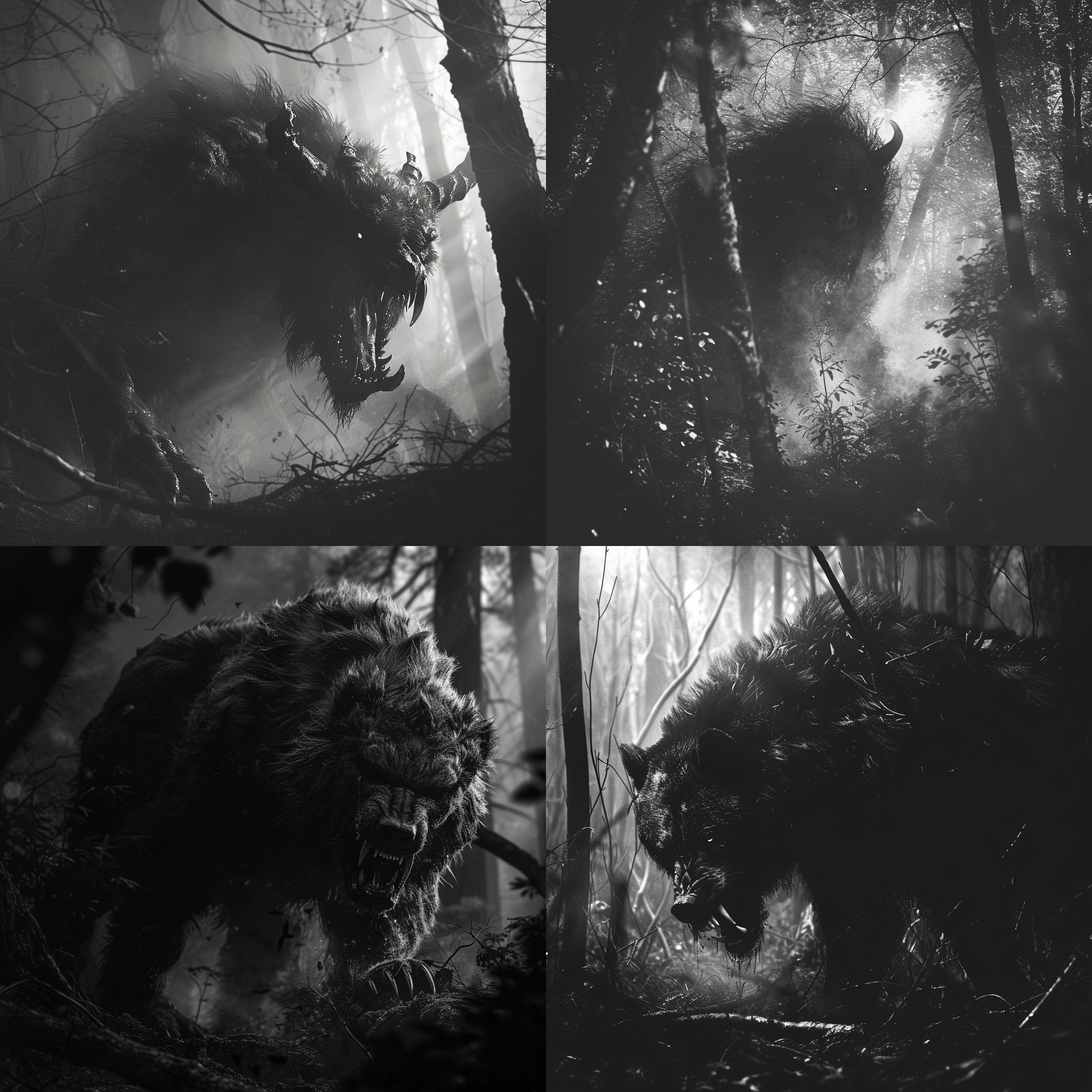 饕餮，森林中，神秘氛围，黑白风格，仙兽形象，细节丰富，长焦镜头，逆光，迅猛动作，恐怖，威严。