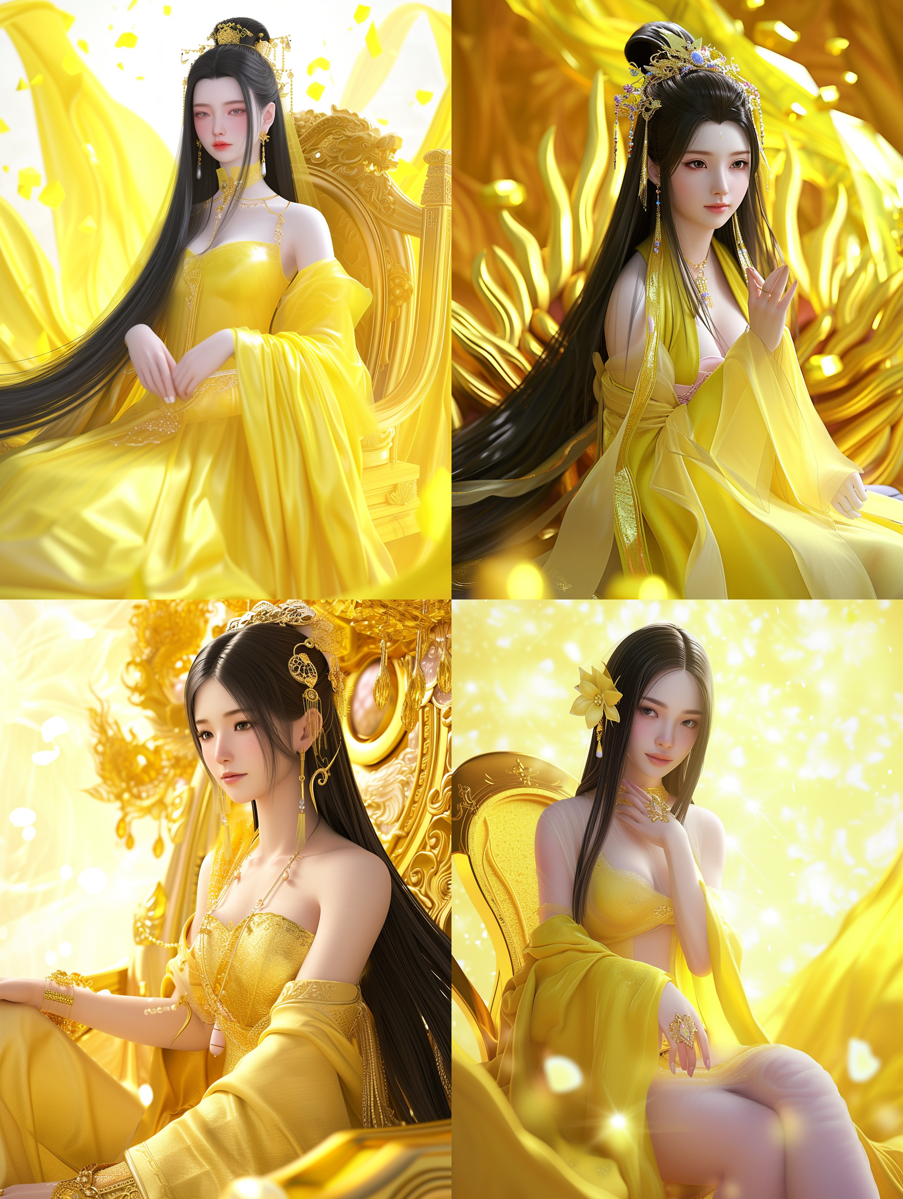 create a 3d animation character, chinese fairy game style, a beautiful woman, neat and smooth long black hair, white bleaching, pink skin, rich facial details, rich eye details, affectionately looking at you, wearing yellow gauze, wearing sapphire jewelry, extremely rich costume details, sitting on the throne of yellow gems, behind the yellow light, soft light, hd resolution, high quality picture, game illustration, fine painting lines, portrait, realistic, c4d, unreal engine 5, 8k niji