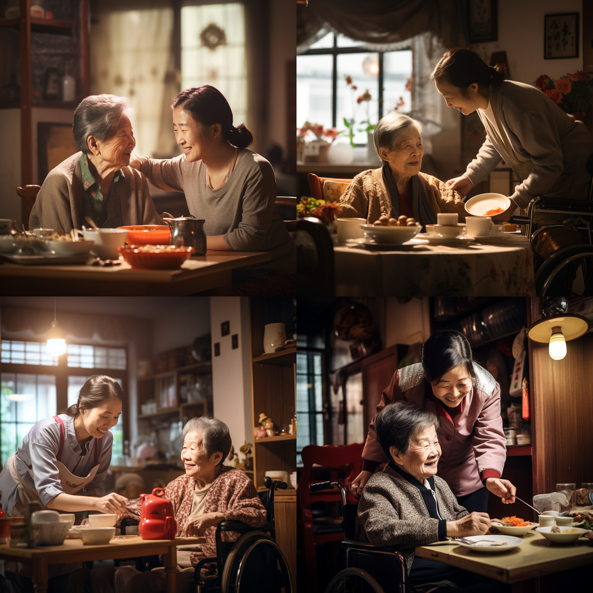 护工喂老奶奶，温馨室内场景，柔和光线，红色色调，中焦镜头，接近距离，细节表情，关怀，感恩，中国人。