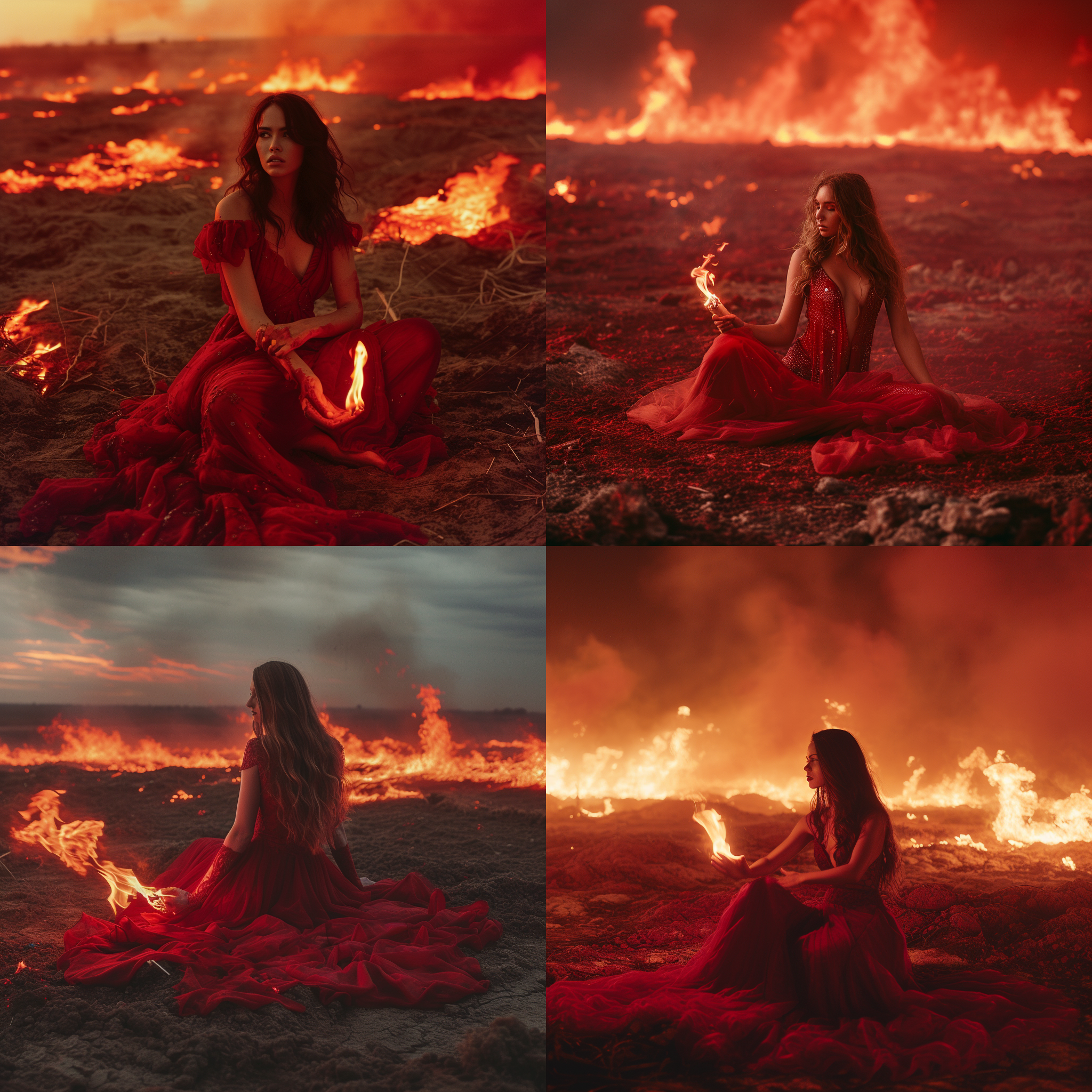女人坐在大地上，她身穿红色长裙，手中握着一把火焰。背景是广阔的大地和燃烧的火焰，呈现出浓烈的红色调。照片采用广角镜头拍摄，构图突出女人的姿态。充满激情和力量的画面，传达出爱的力量和燃烧的激情。大地，红色，女人，火，爱。