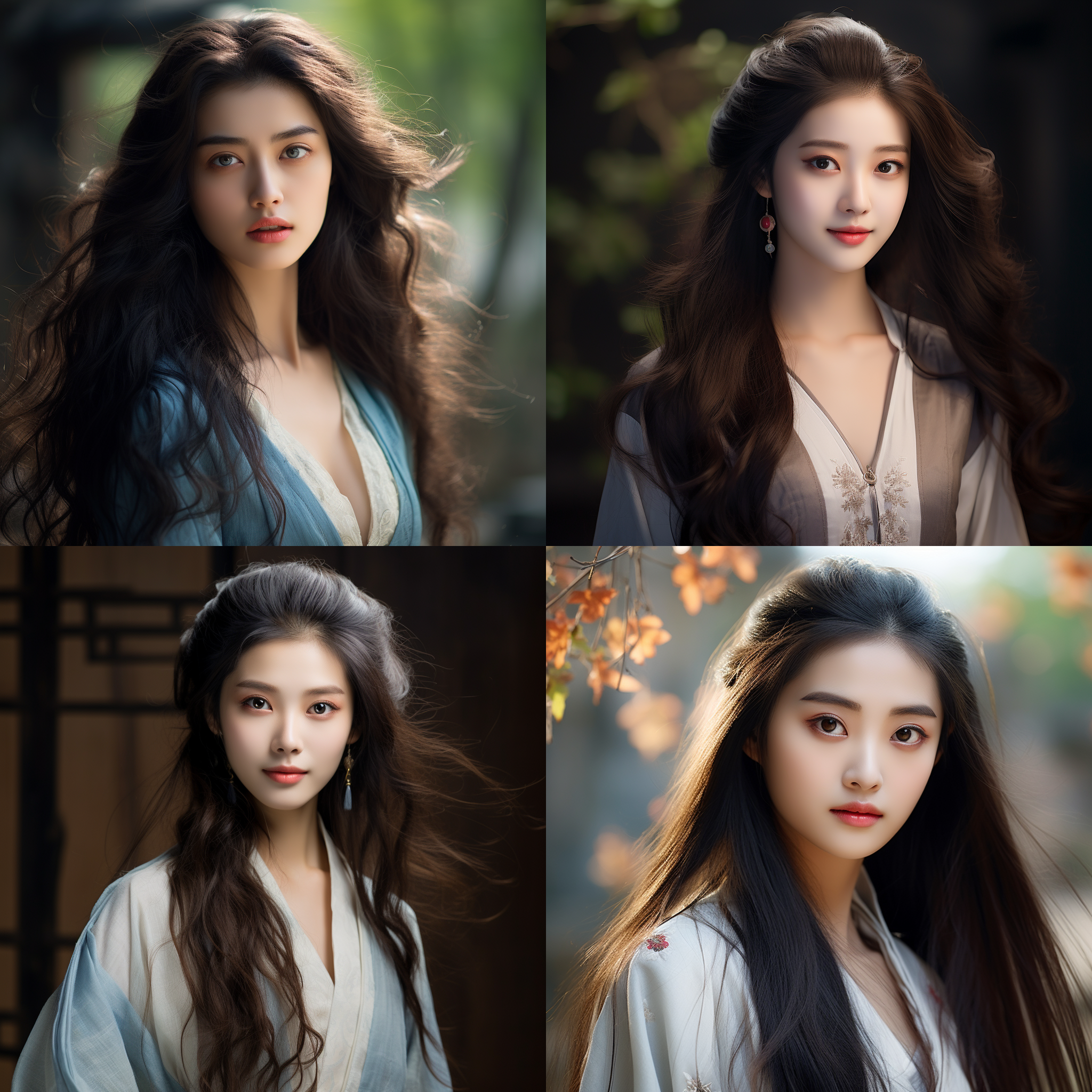 中国美少妇，长发，精美五官，极致脸庞，蓝色眼睛，长裙，绝世美人，超高画质，大师级作品，佳能相机拍摄，清晰焦点，自然光线，柔和色调，迷人微笑，自信优雅。