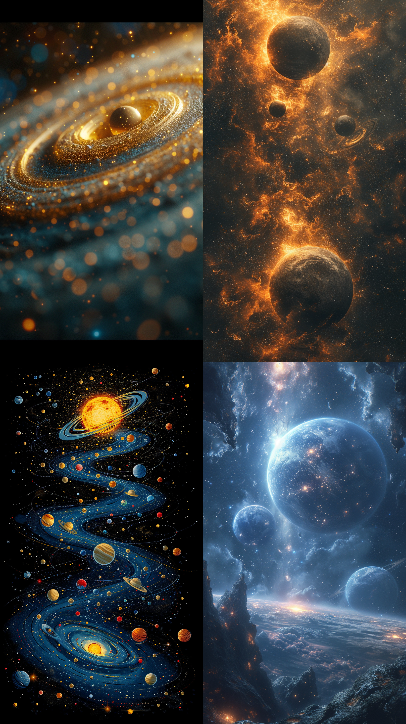 生成一张太空图，广角镜头，可以看到多个星球，个别带有星环，高清图，写实风格