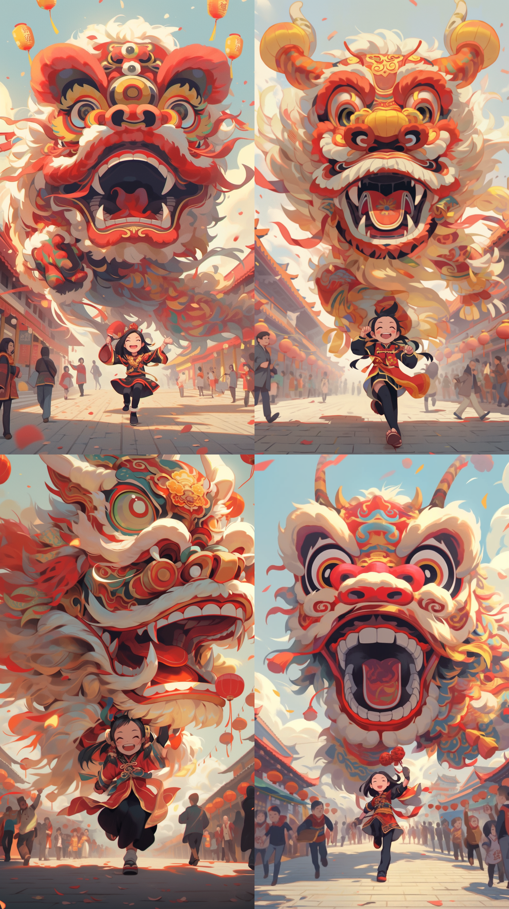 明月，中国风舞龙在广场上，多色，背景纯色，动态优美，活泼可爱，动漫风格