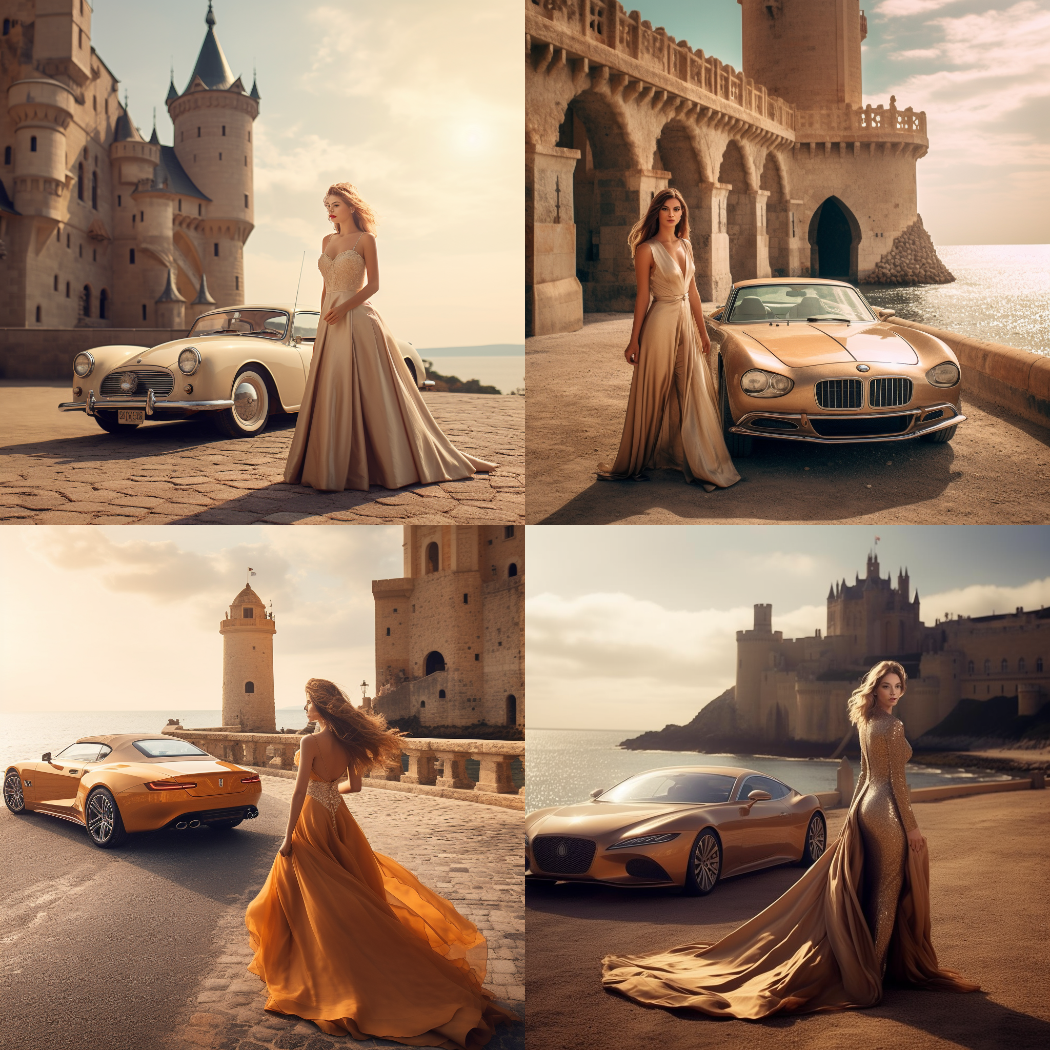 海边，城堡，豪车，美女。城堡坐落在海边，背景是绵延的海岸线和波涛汹涌的海浪。豪车停在城堡门前，增添奢华氛围。一位美女身穿华丽礼服，站在城堡旁，阳光映照在她身上，展现出她的优雅和魅力。拍摄风格高调奢华，使用长焦镜头突出主题，配以明亮的色彩和柔和的光线，营造浪漫唯美的氛围。