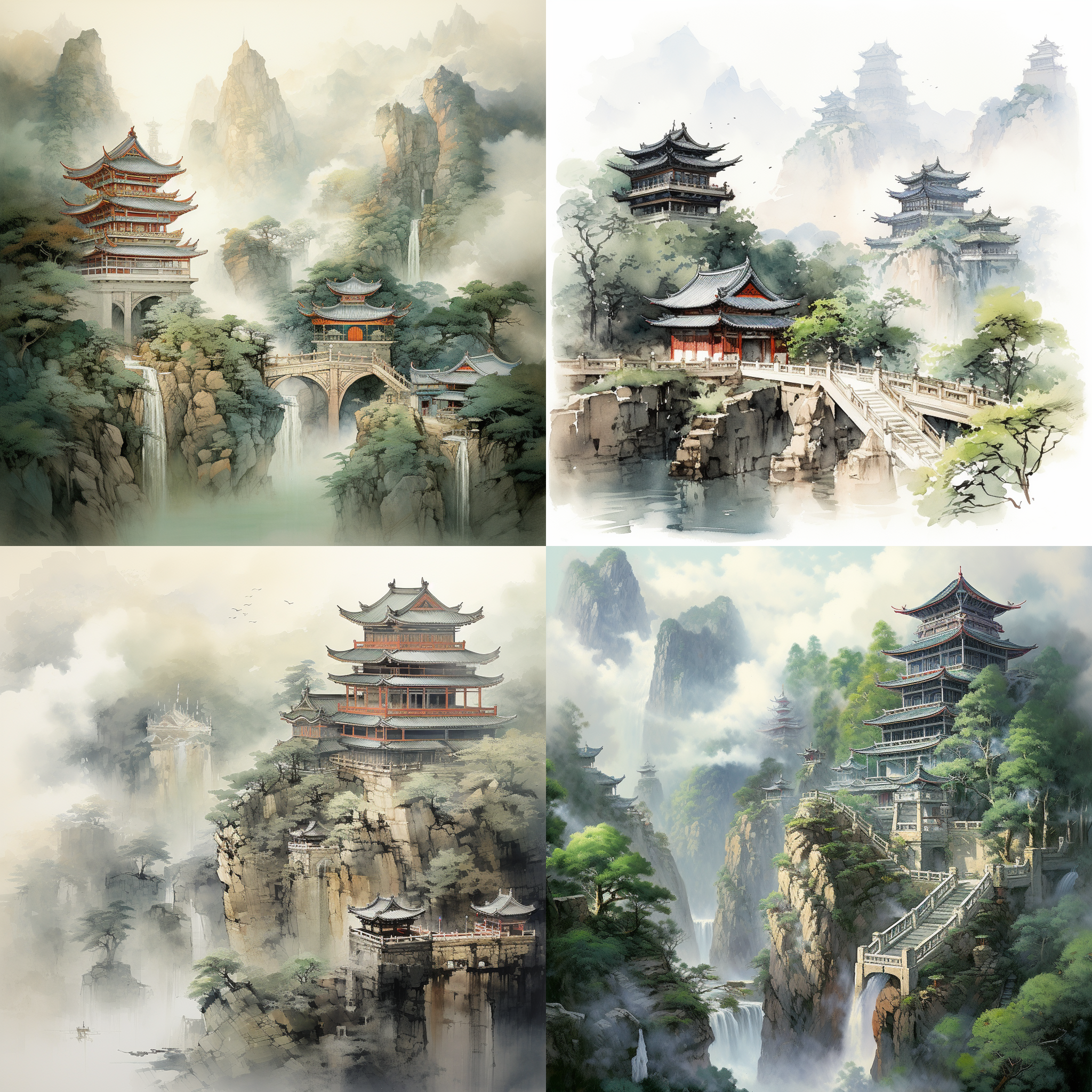 中国风，深山寺庙，雾气弥漫，古老建筑，层叠山峦，青瓦白墙，红色门楼，曲径通幽，静谧氛围，僧侣念经，香烟袅袅，朝阳照耀，宁静祥和，水墨画效果。