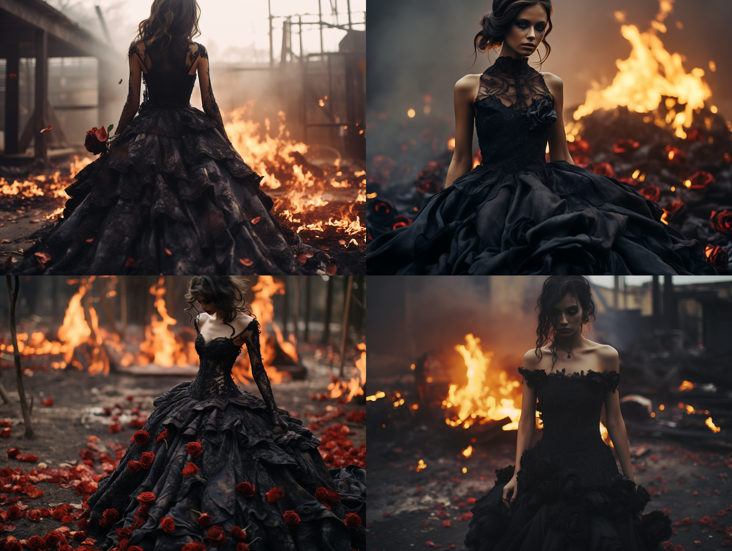 荒废院子里火在燃烧为画面主体，身穿黑色婚纱女人做为辅助，很多的玫瑰，玫瑰特写镜头，乌鸦，颓废美，时尚摄影，哥特式梦幻浪漫，暗黑风格，黑色系，超现实主义，低饱和度，优雅姿态，哀伤情绪。