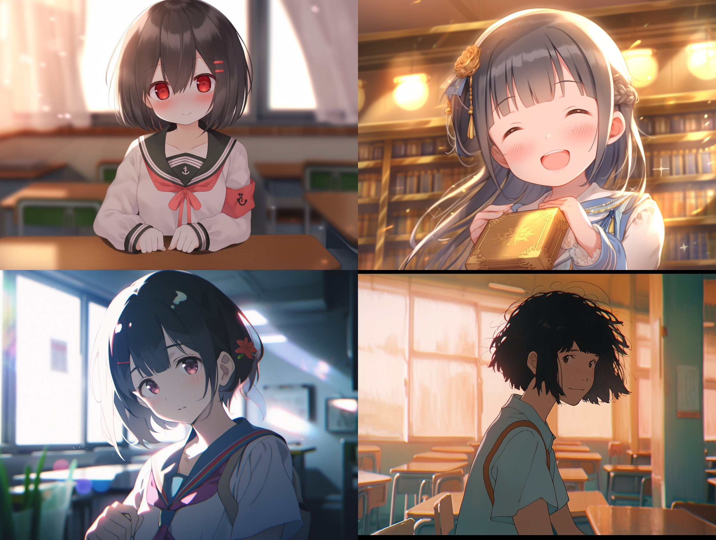 黑发女学生，校服，讲台前，微笑，长头发，正面镜头，温暖光线，教室背景，细节丰富，柔和色调，专注眼神。