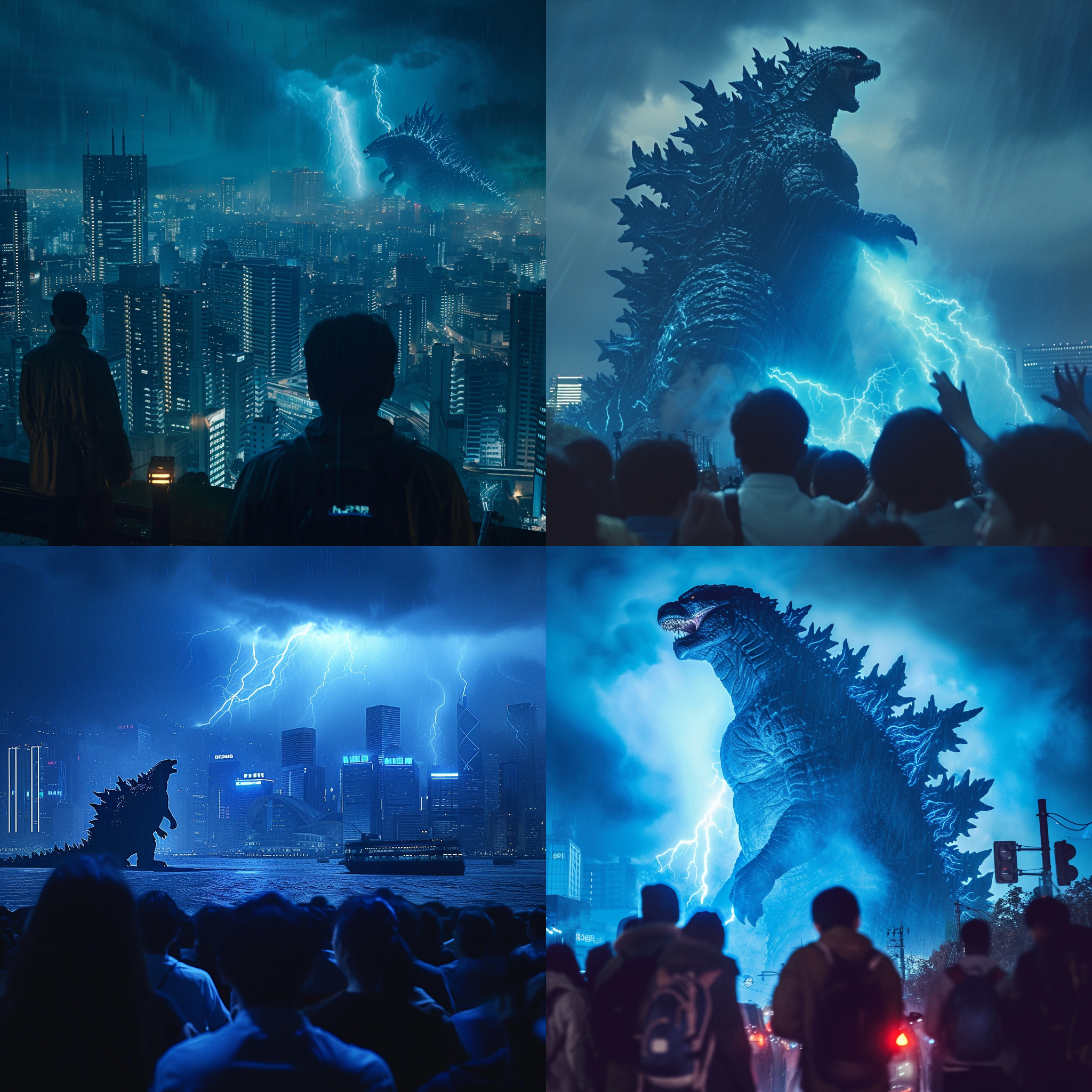 close up shot of the film, distant view, overlooking. in one part of the city, a large group of people are watching. the giant godzilla in the distance is illuminated by lightning, rainstorm, and its outline is blue，s 750。