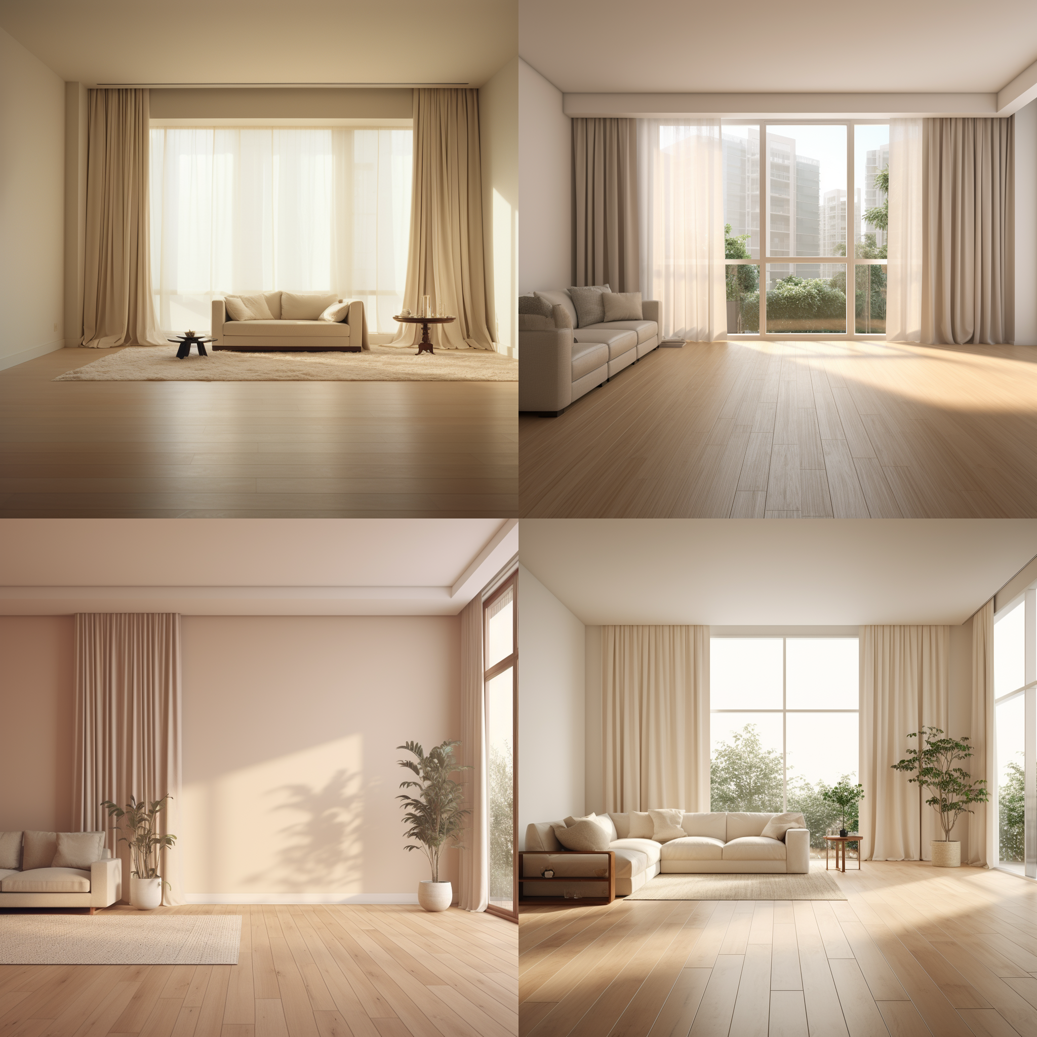 空荡荡的美式布置客厅场景，米色墙面，白色窗帘，落地窗，没有任何家具，柔和的光线，写实，静态，舒适