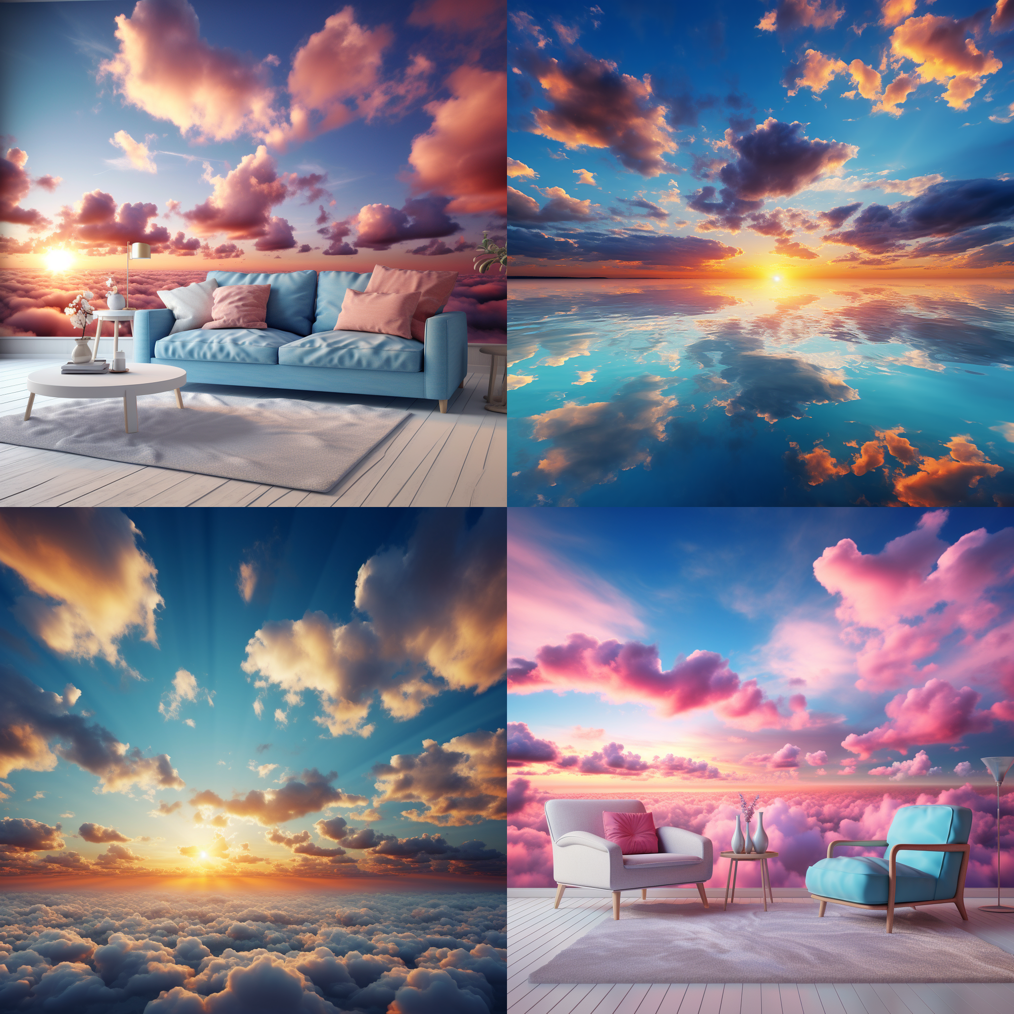 天空壁纸，迷人的日落景色，大片云彩在晴朗的蓝天上漂浮。透视构图，广角镜头，柔和的光线，鲜艳的颜色，平静而宁静的氛围，唤起内心的宁静和自由感。