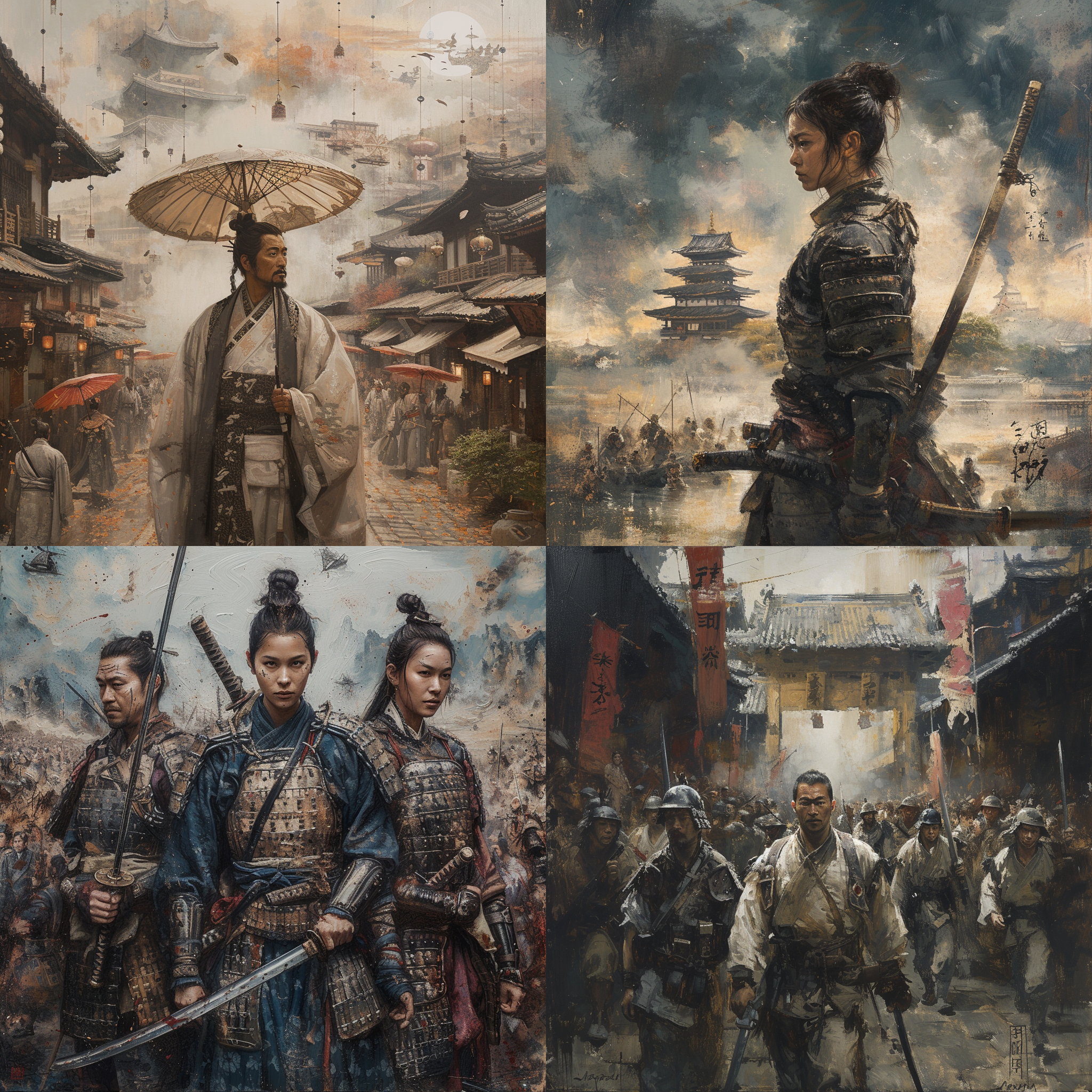 ray park keung the journey, in the style of sony fe 12-24mm f2.8 gm, emphasizes emotion over realism, heian period, light indigo and dark beige, meticulous military scenes, willard metcalf, prismatic portraits
