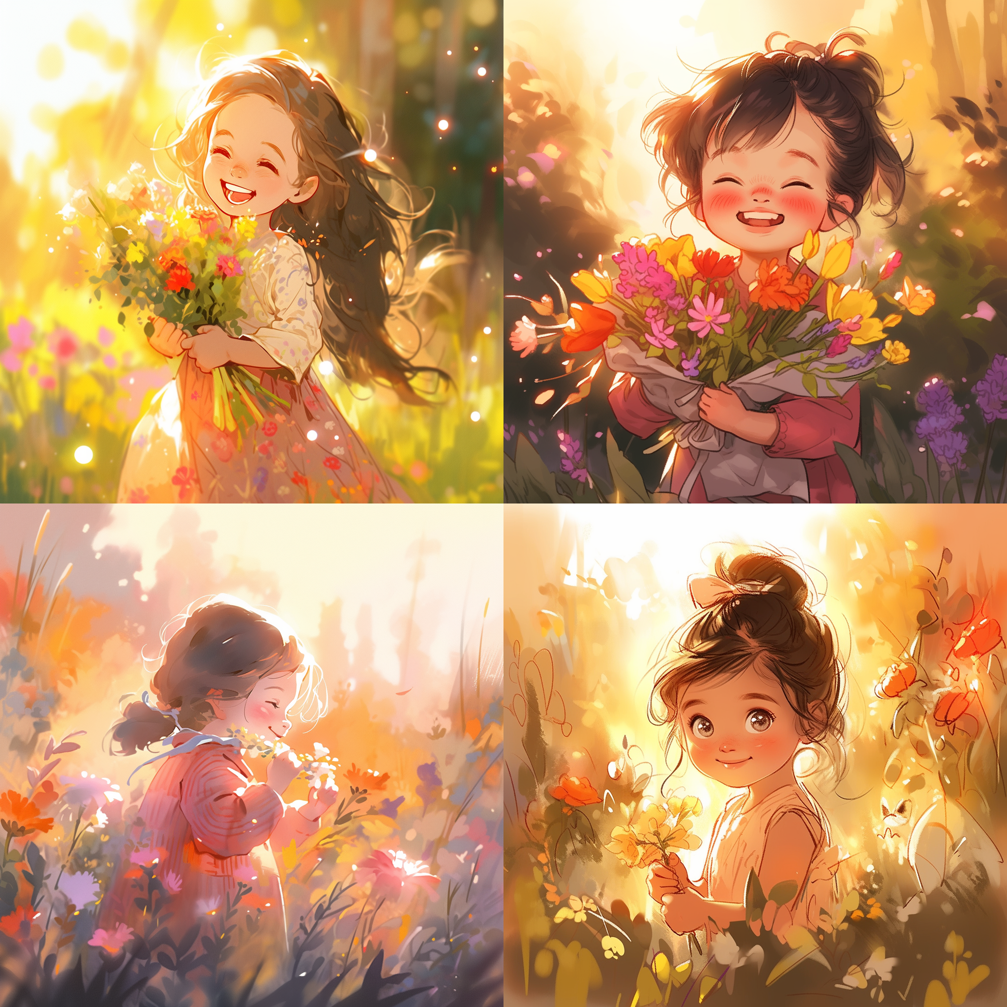 简笔画小女孩，花园里，夕阳照耀，五彩斑斓的花朵背景。手持鲜花微笑向镜头。素描风格，彩色色调，轻柔线条勾勒出可爱形象，表达纯真和快乐。色彩丰富，夕阳温暖，柔和光线，鲜艳花朵，自然动作，愉悦情感。