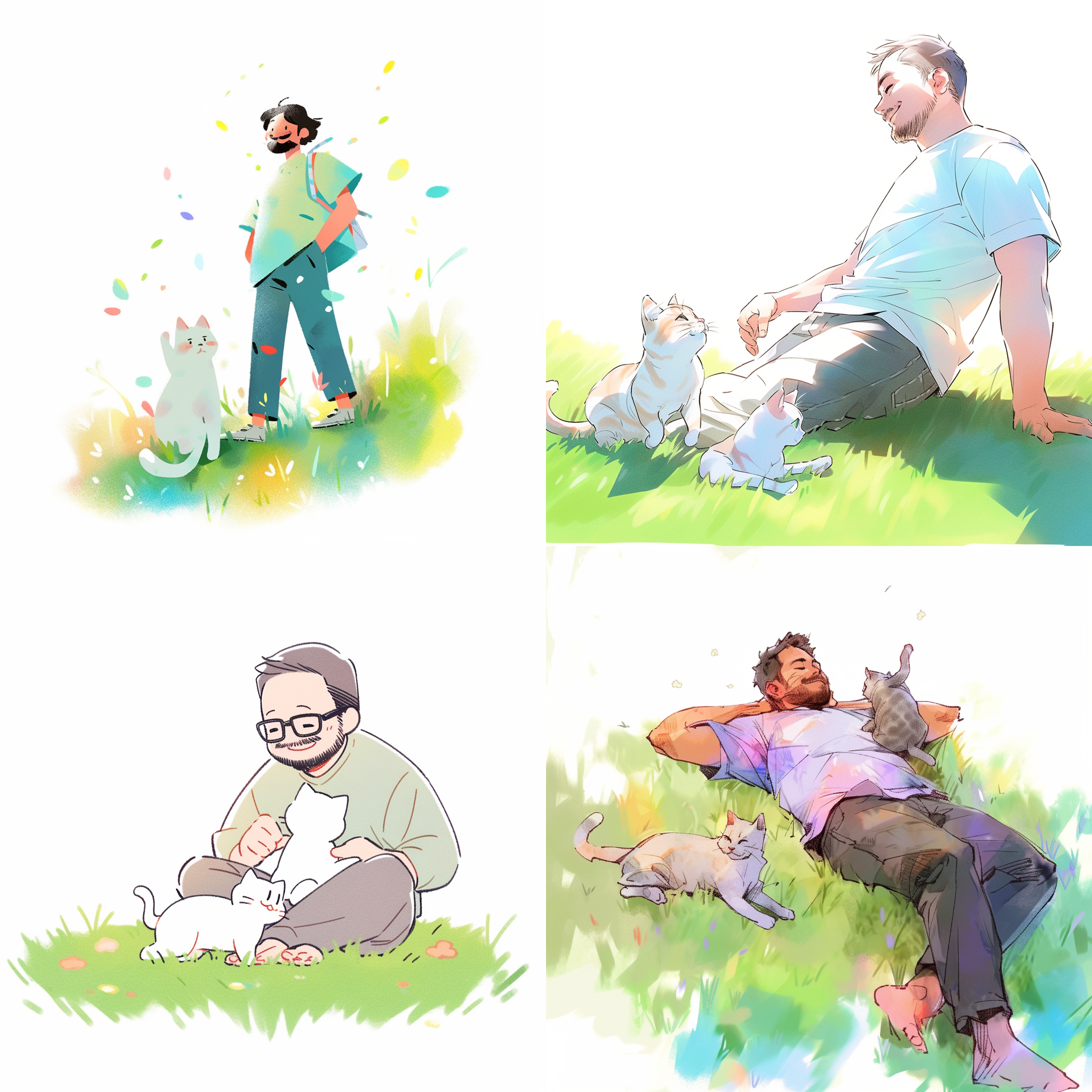 简笔画，酷酷的成年男子和一只小猫，白色背景，线条简洁，明快的颜色，轻松活泼，童真可爱，温馨感。简洁线条，对比强烈，草坪上，彩色，广角镜头，自然光，互动，笑容，快乐。
