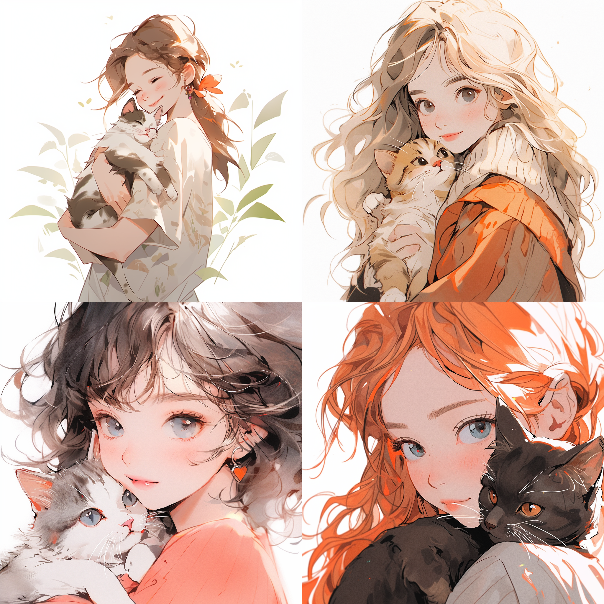 简笔画成年女孩，小猫咪，背景白色，色彩丰富，线条流畅，手绘风格，柔和光线，自然动作，竖直构图，温暖情感。