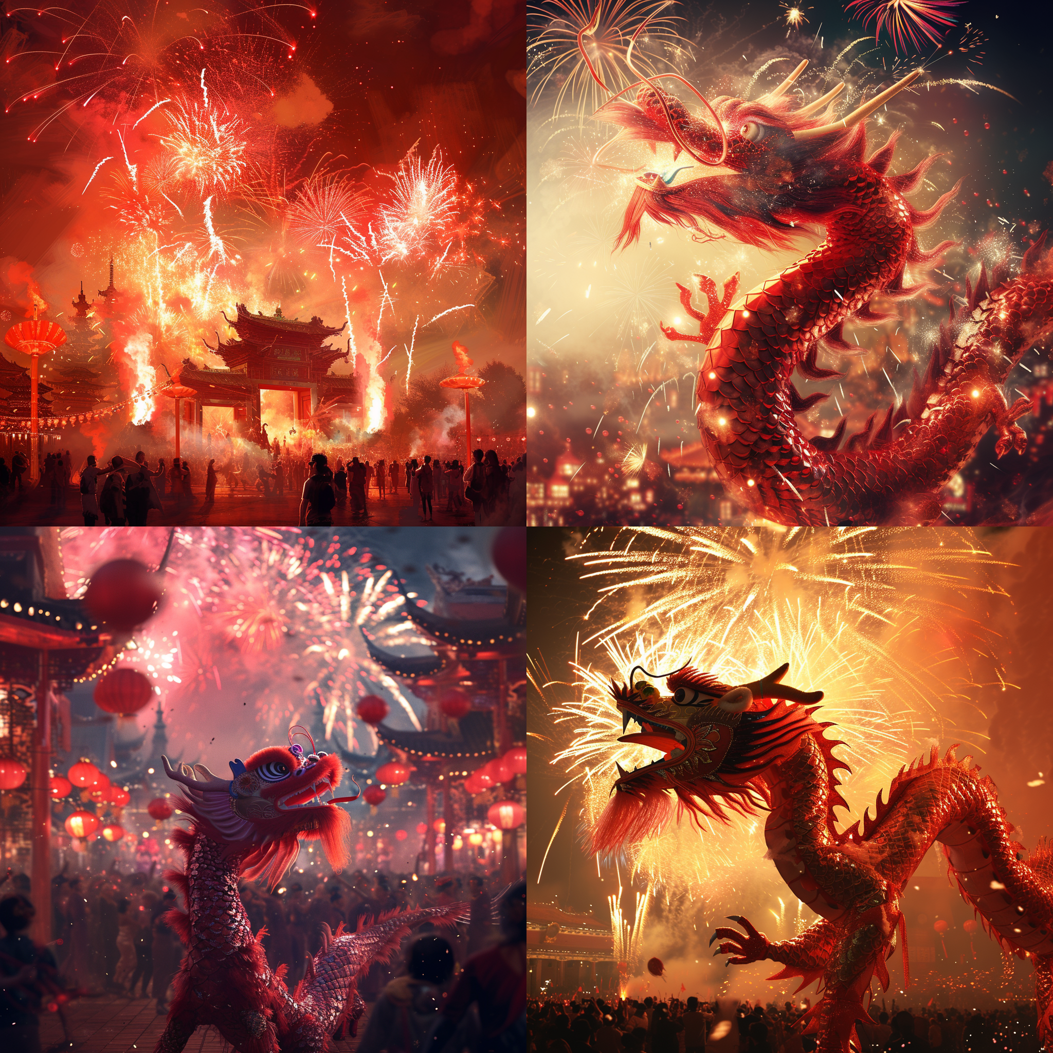 红色龙舞，烟花绽放，全景，鳞片装饰，红色元素，喜庆氛围，繁忙人群，热闹气氛，幸福笑容，电影质感。