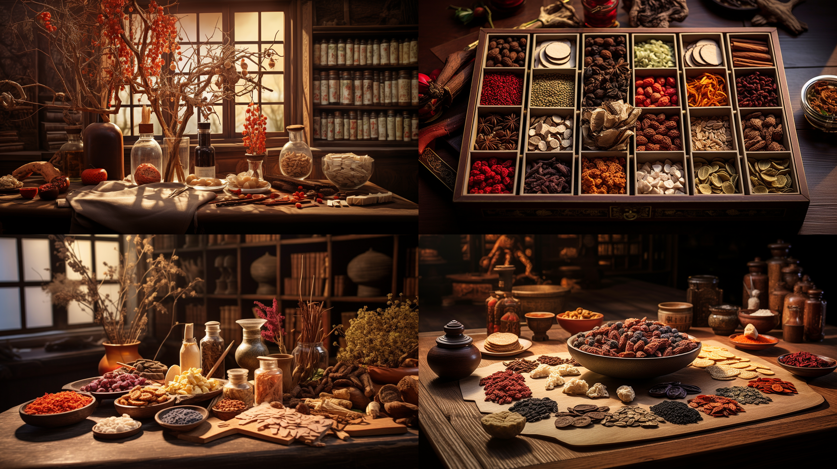 中药花式养生，窗外阳光透过大场景的窗户洒进来，照亮了桑葚、当归、龙眼肉、红枣和枸杞等中药材。构图上采用对角线布局，配合大光圈镜头，突出主题元素的细节。色调以暖色调为主，营造温馨的氛围。整体呈现出宁静、健康、自然的感觉。 禅 摄影纪实 充满阳光 特写 暖光