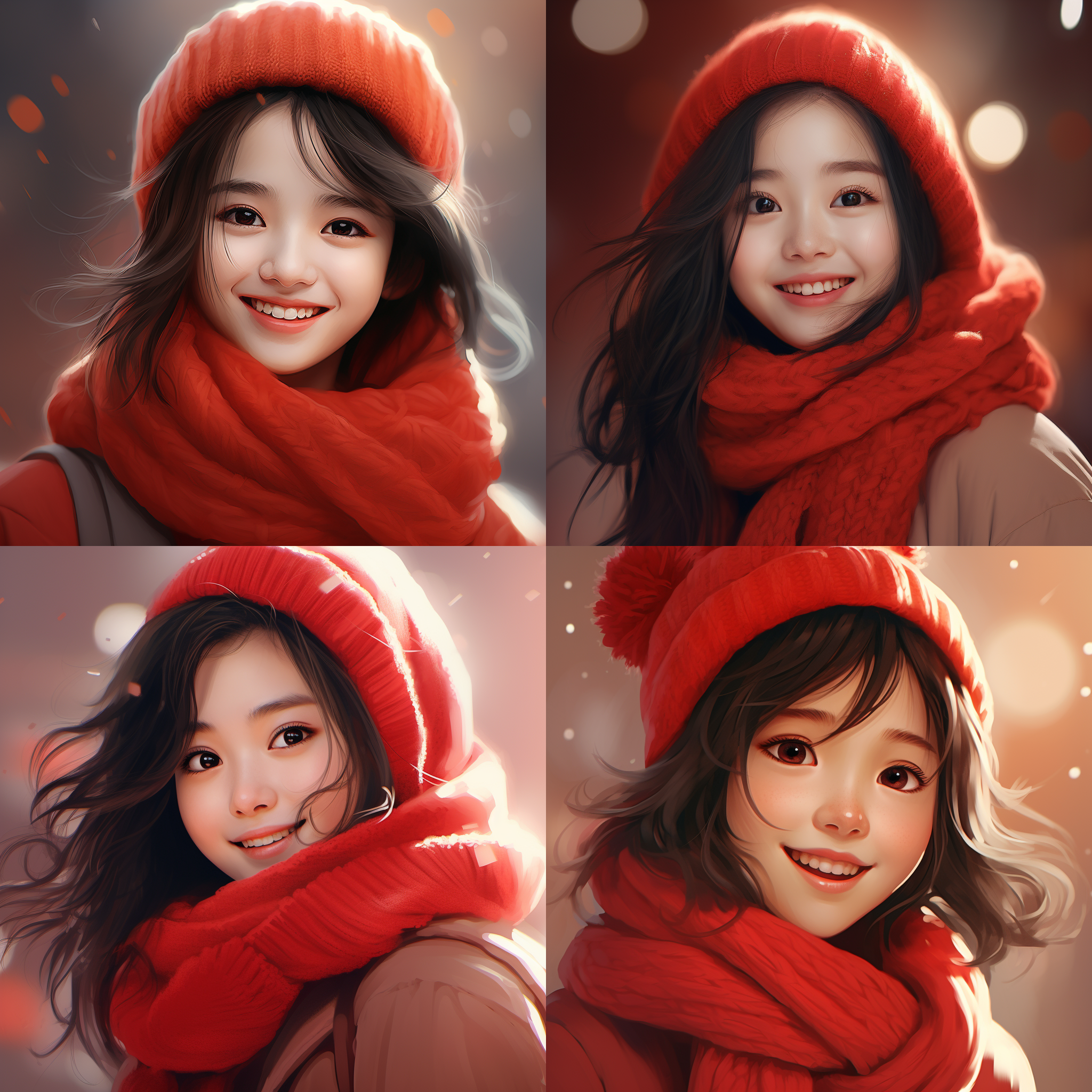 中国卡通女孩笑得灿烂，红色围巾，白色毛衣，背景红色，电影效果，正面肖像，柔光，浅景深，温暖色调，自然表情，年轻活力，喜悦。