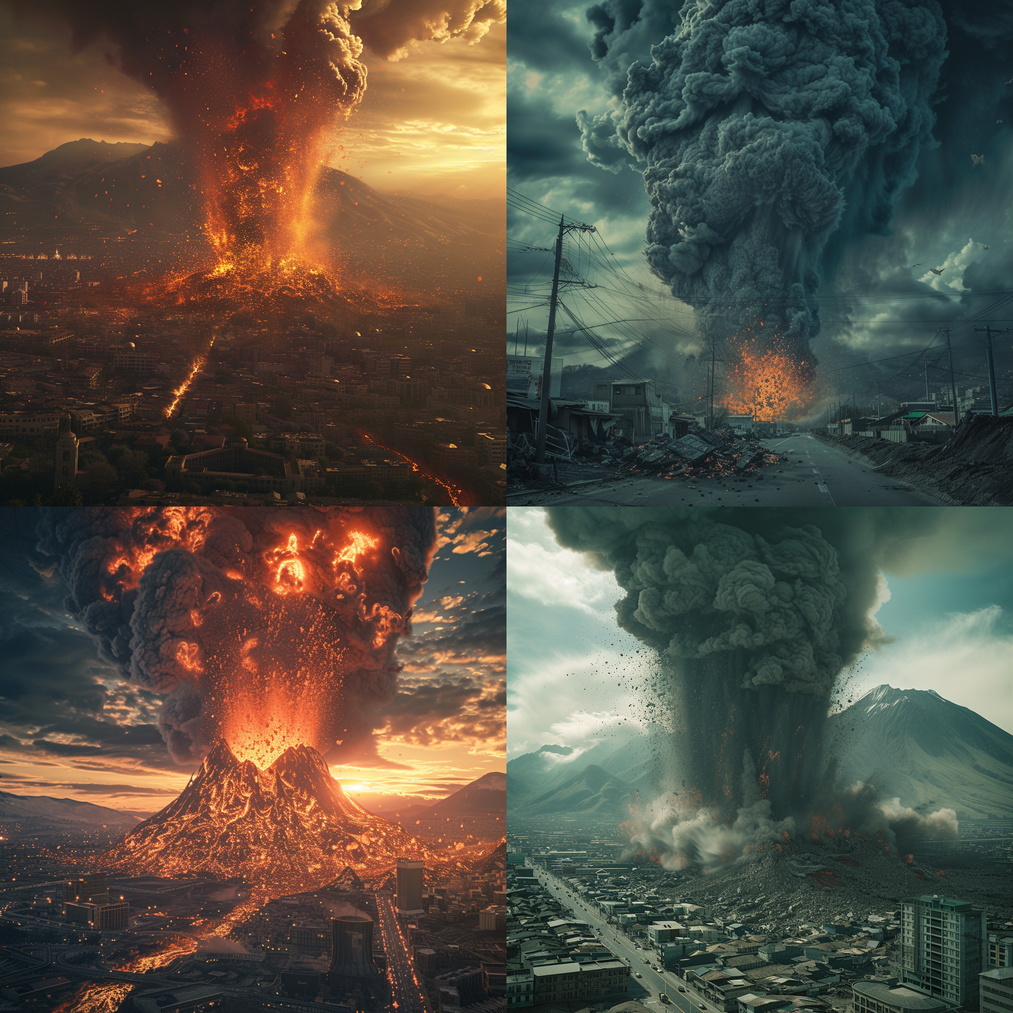 特大火山爆发，火山灰飘到高空，岩浆流入到城市，破坏了路面和店铺，电影效果