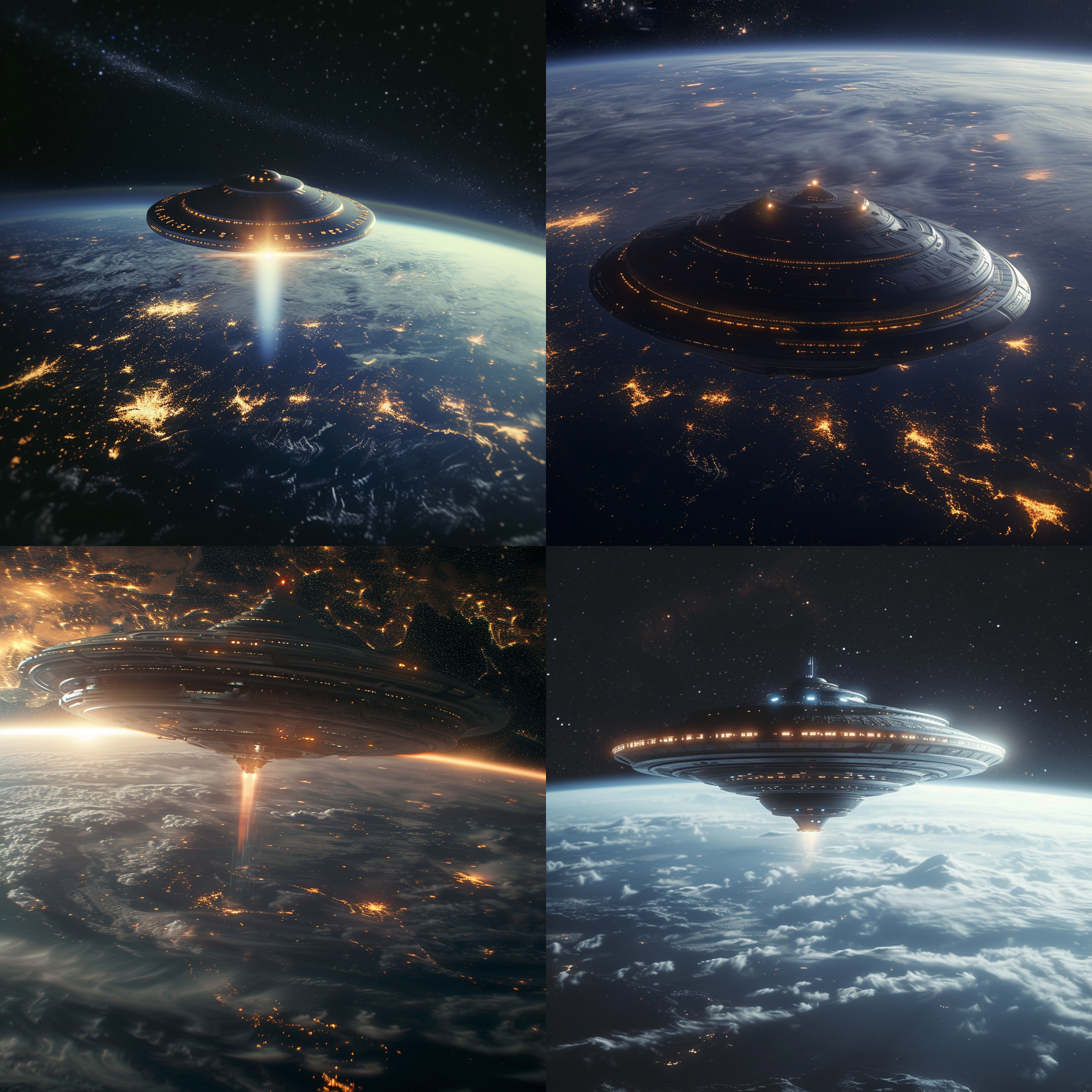 ufo出现在了，地球附近，ufo的体积超过了地球的尺寸，比地球还大，电影风格。